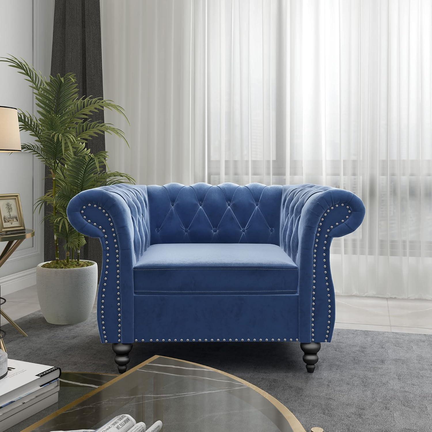 Blue Velvet Chesterfield Accent Chair with Wood Legs