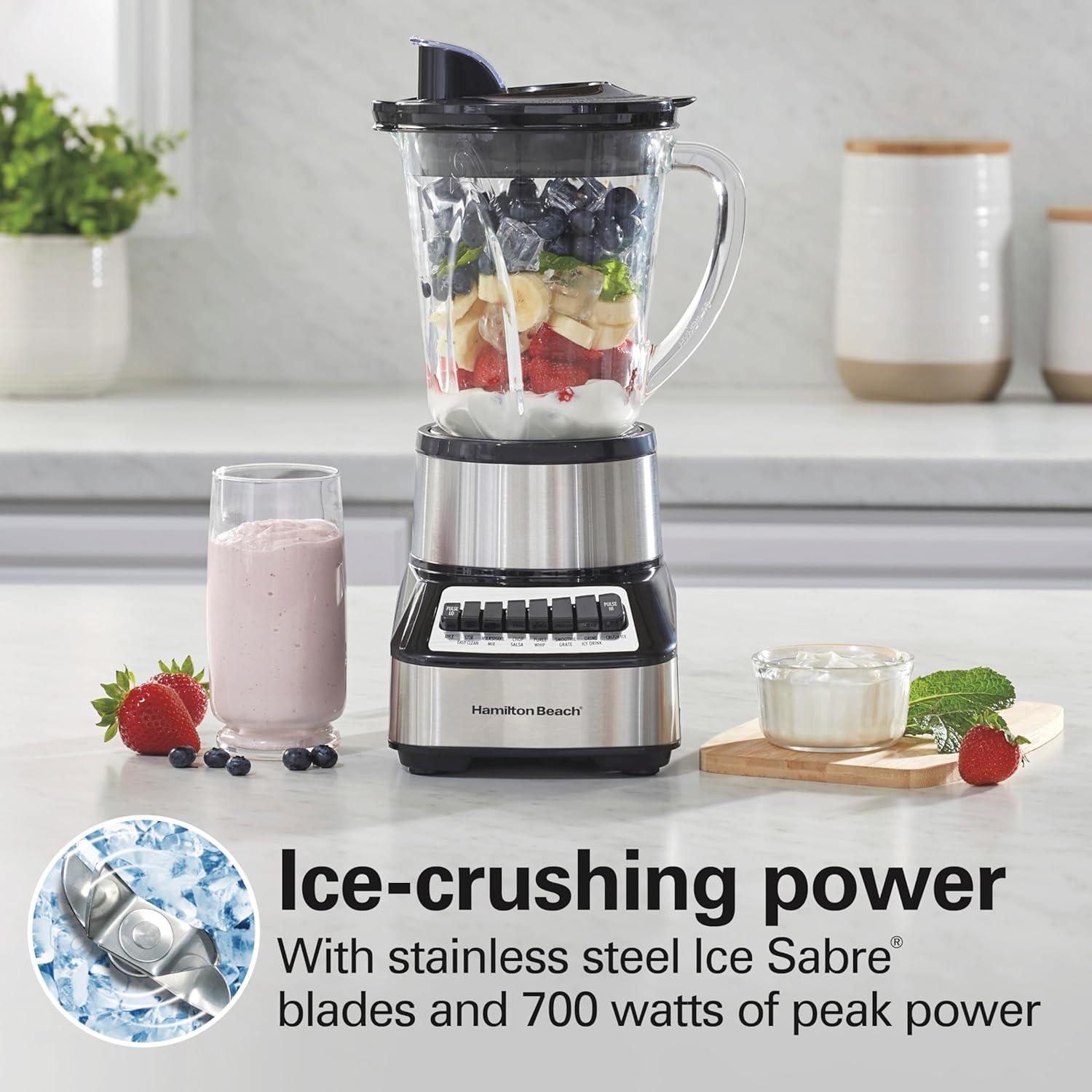 Hamilton Beach Wave Crusher Multi-Function Blender with 40 oz. Glass Jar and 14 Functions for Puree, Ice Crush, Shakes and Smoothies, Stainless Steel, 54221