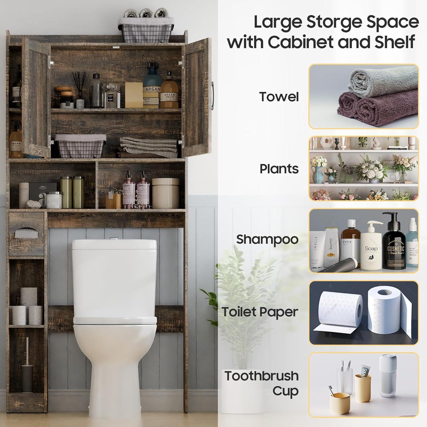 Over The Toilet Storage Cabinet, with 2 Barn Doors & Toilet Paper Holder Stand