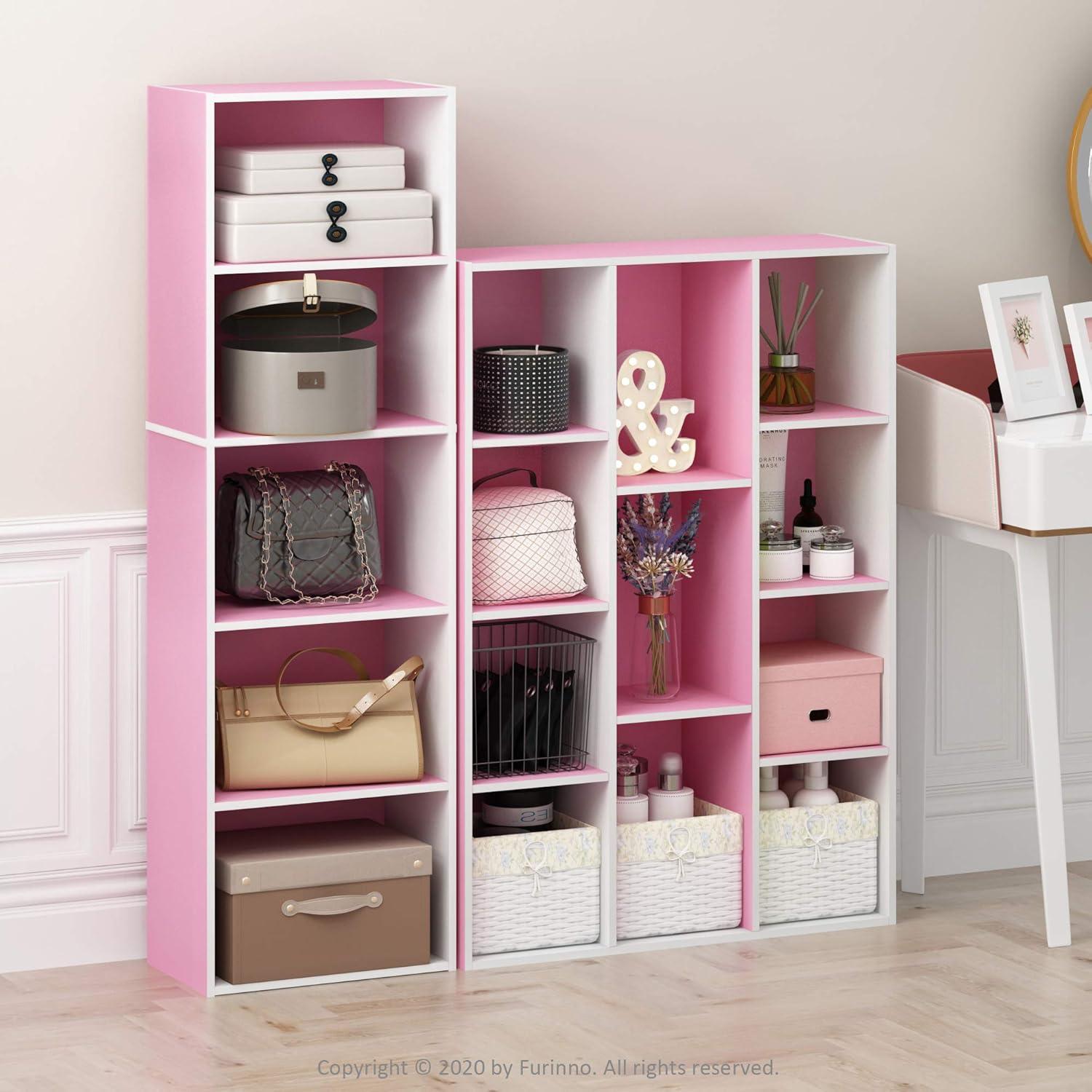 Furinno 5 Cube Reversible Storage Bookcase Open Shelf Organzier Horizontal Vertical,Pink