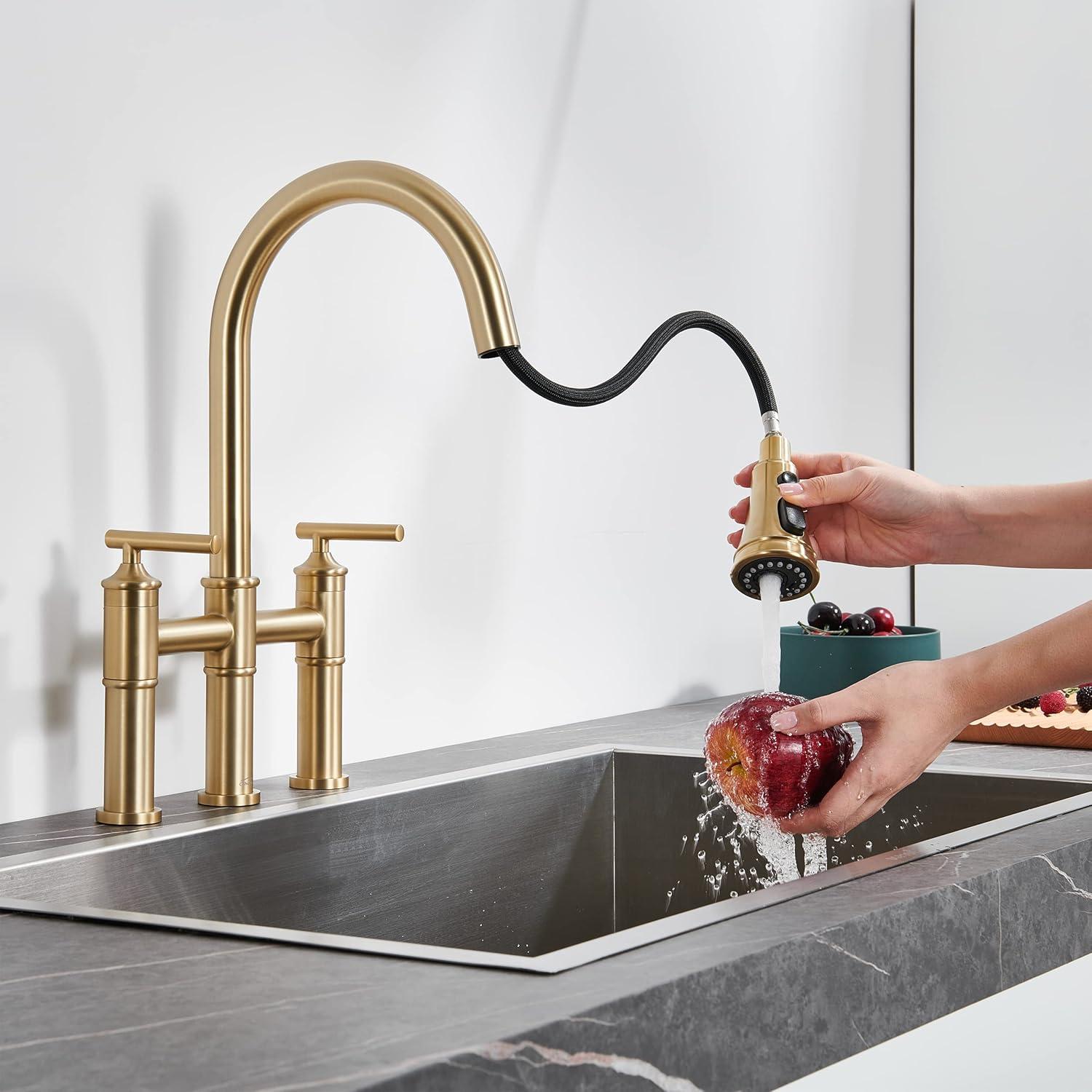 Double Handle Bridge Pull-Down Kitchen Faucet with 3-Spray Patterns and 360 Degrees Rotation Spout in Brushed Nickel