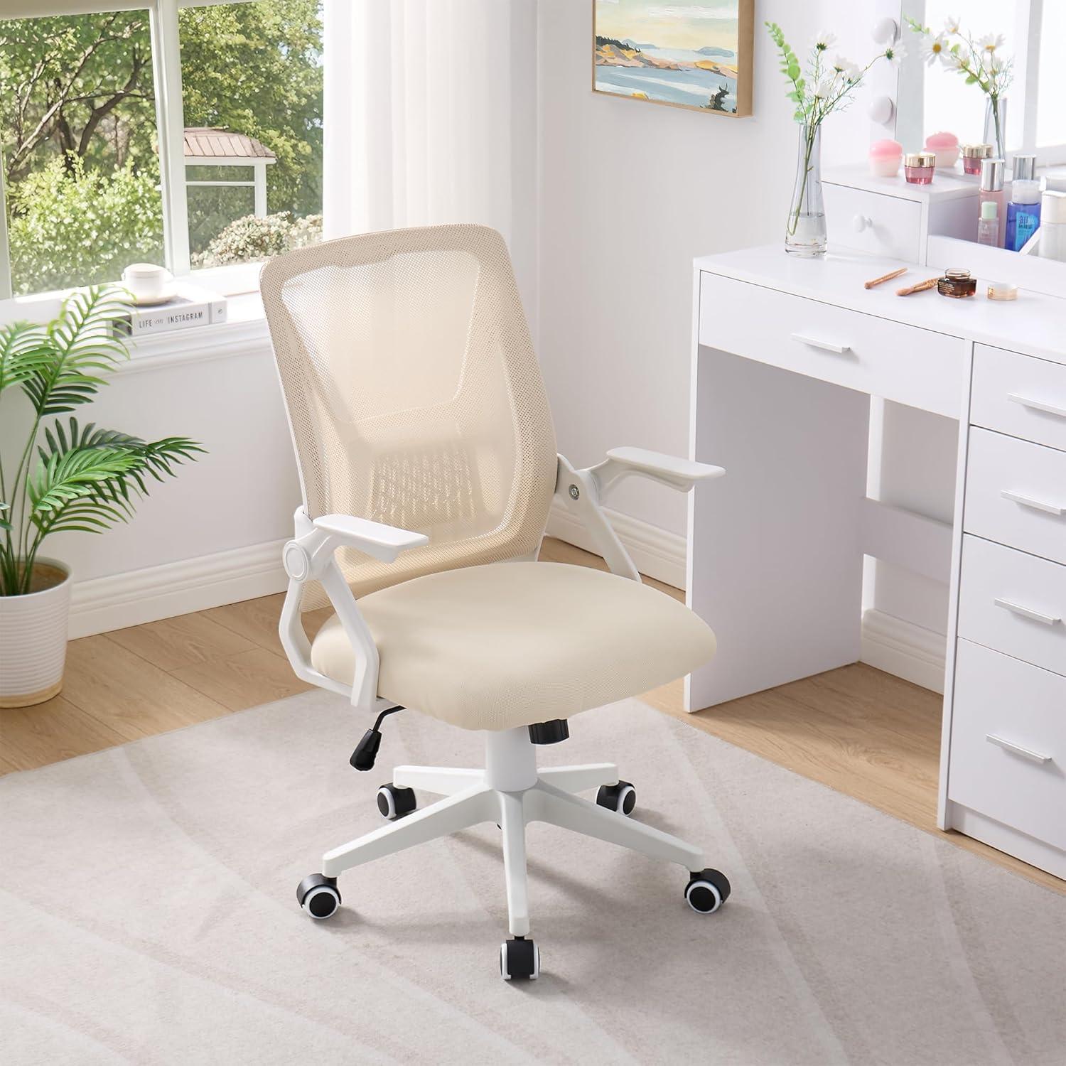 Beige Mesh Mid-Back Swivel Ergonomic Office Chair with Adjustable Arms