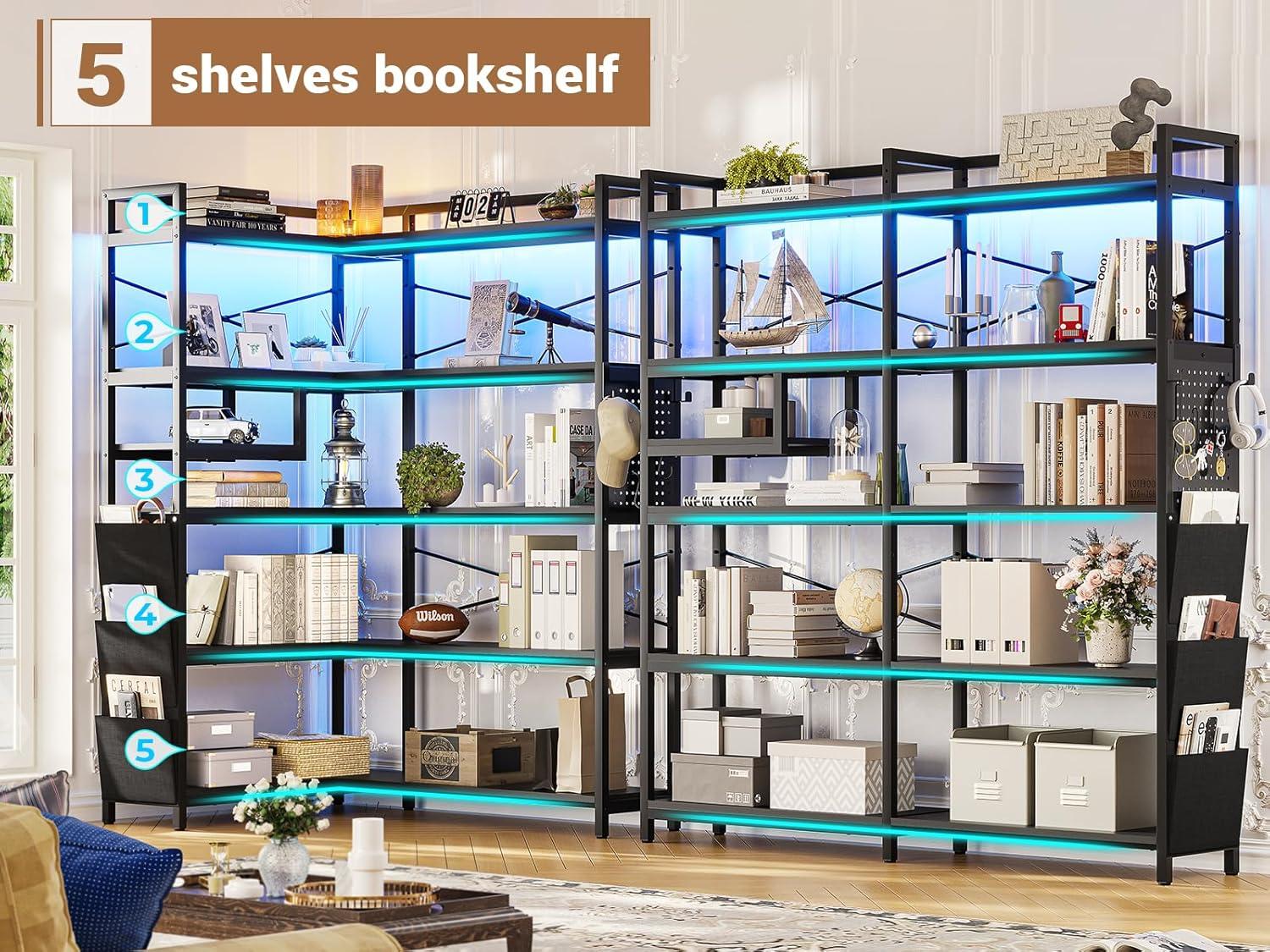5-Tier Book Shelf with LED Light, 63" Reversible Storage Shelves, Corner Bookshelf with Storage Bag and Pegboard, Black