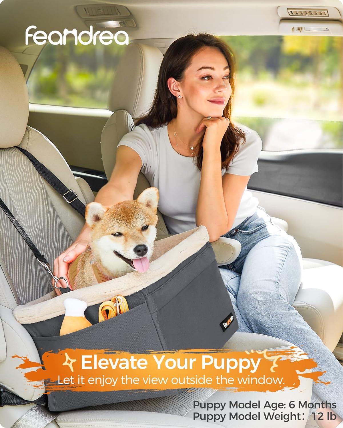 Feandrea Dog Car Seat, Pet Booster Seat for Small Dogs up to 18 lb, with Adjustable Straps, Removable Washable Fleece Liner, 4 Pockets, for Front Seats, Back Seats, Gray and Beige UPBS042G01