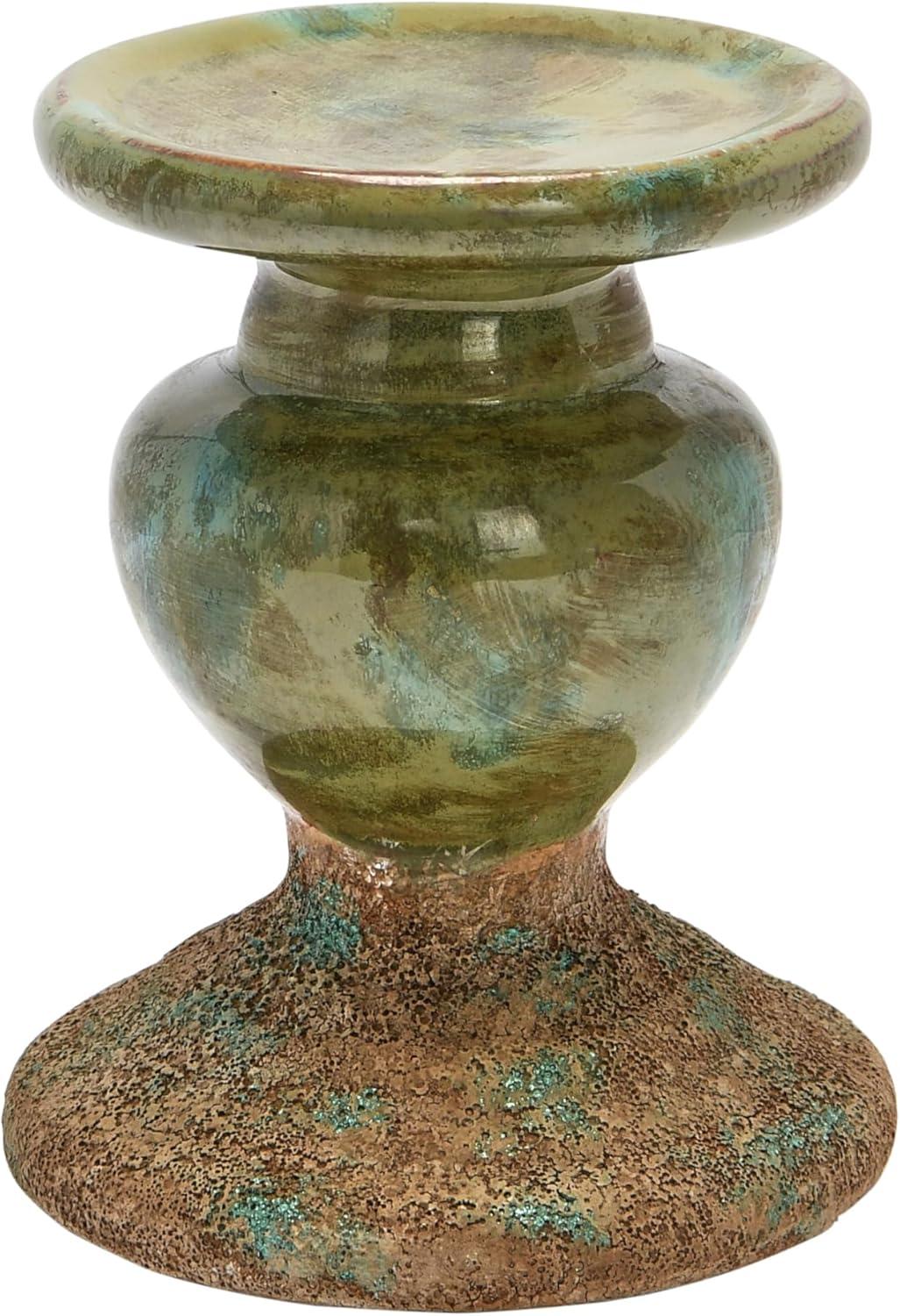 Distressed Green Ceramic Sculptural Pillar Candle Holder