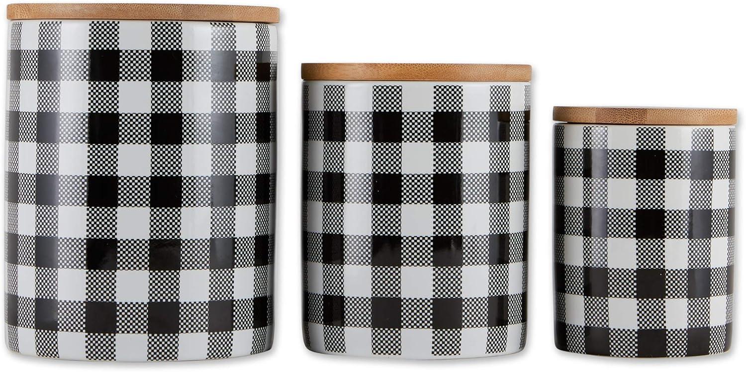 Black and White Buffalo Check Ceramic Canister Set with Bamboo Lids