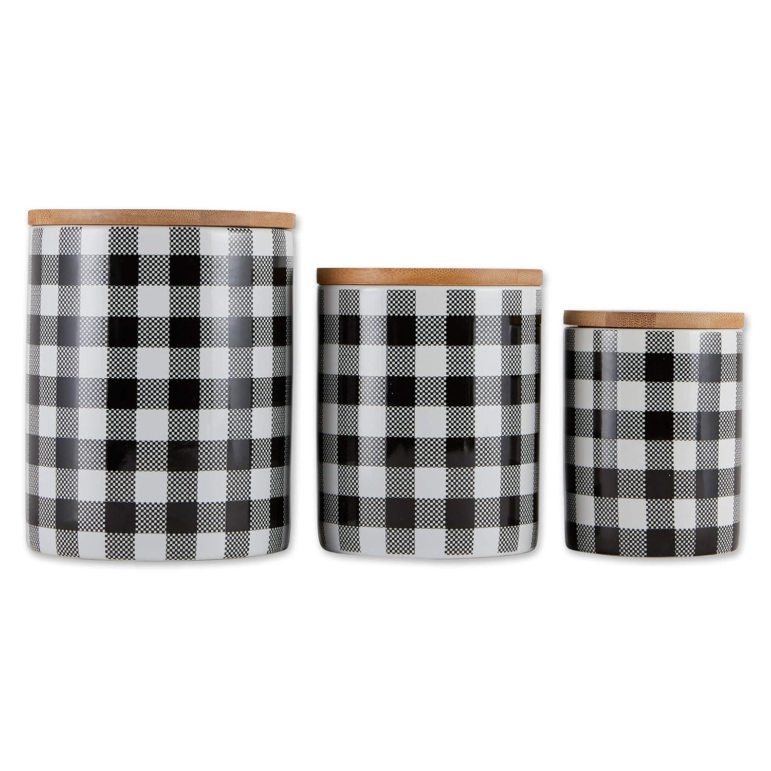 Black and White Buffalo Check Ceramic Canister Set with Bamboo Lids