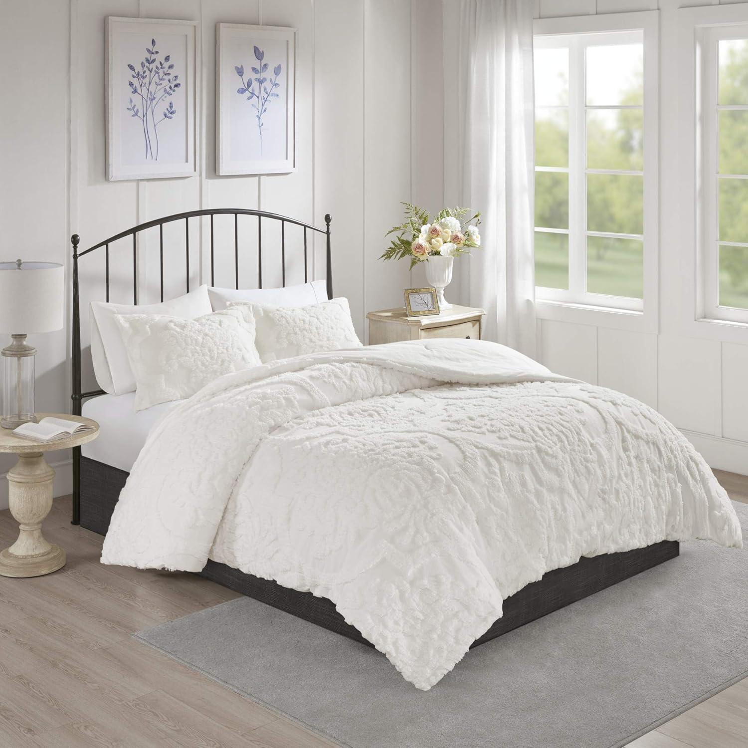 Viola Tufted Cotton Chenille Damask 3 Piece Comforter Set