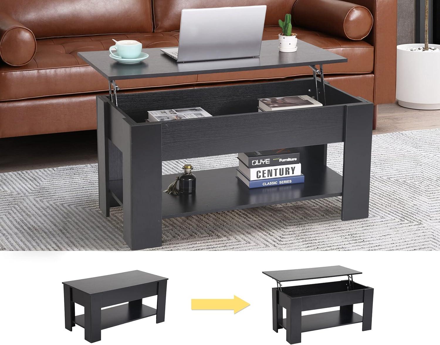 FDW Coffee Tables with Hidden Compartment and Storage Shelf Wooden Lift Tabletop Dining Table for Living Room Home (White)