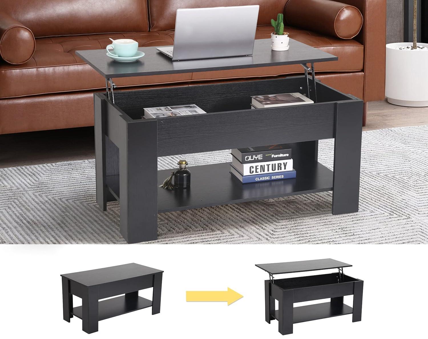 FDW Coffee Tables with Hidden Compartment and Storage Shelf Wooden Lift Tabletop Dining Table for Living Room Home (White)