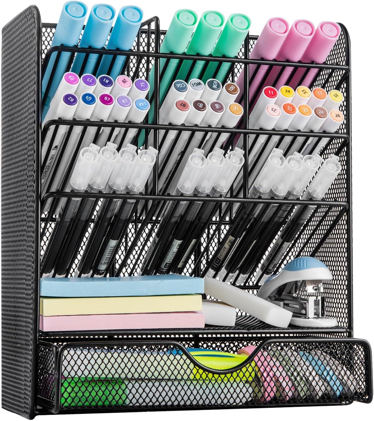 Metal Pen Organizer, Pencil Holder for Desk, Desk Organizer with Drawer for School, Home, Art Supplies (Black)