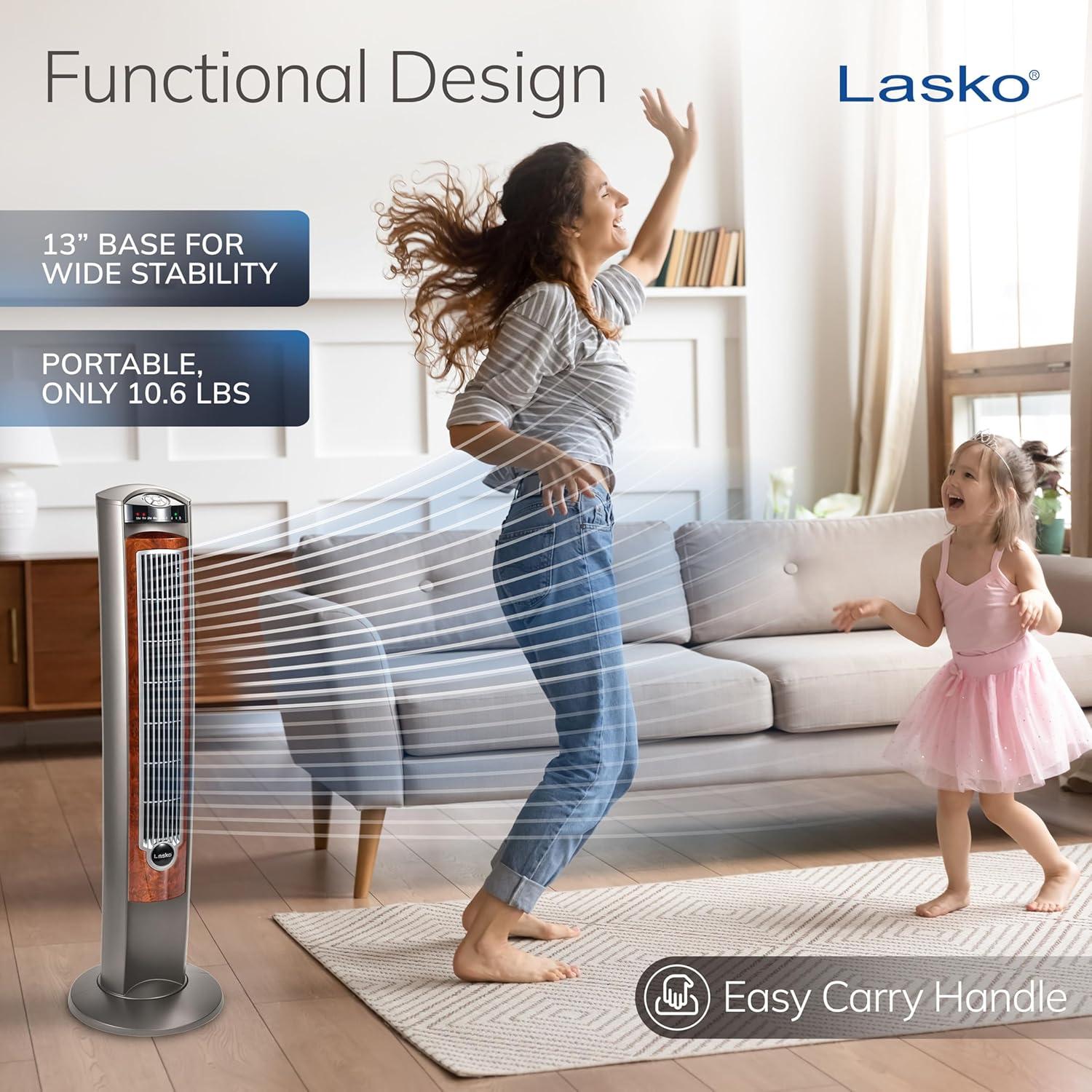 Lasko 42" Wind Curve Tower Fan with Nighttime Setting, Timer and Remote, Gray/Brown, T42954, New
