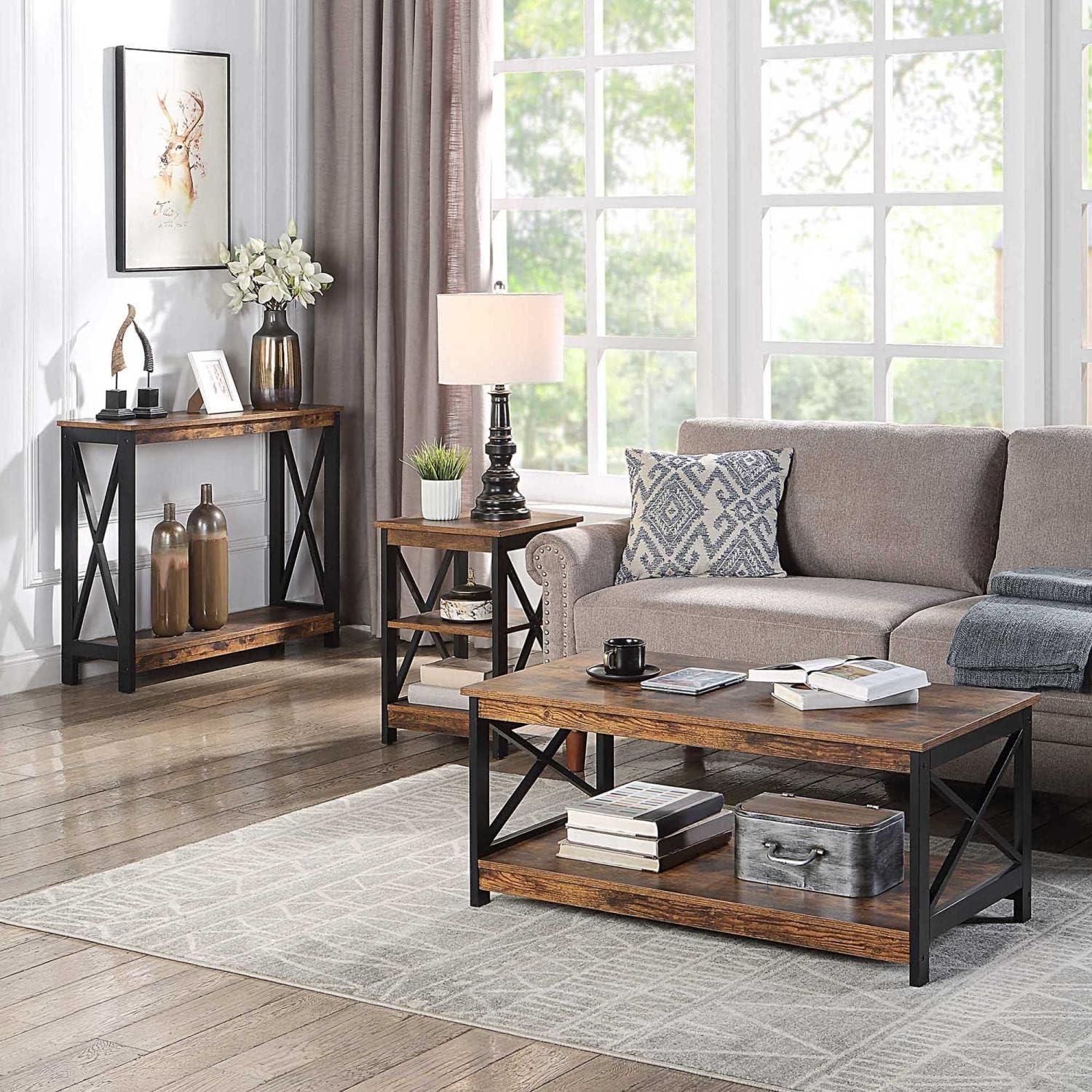 Oxford Barnwood & Black Metal Console Table with Open Shelving