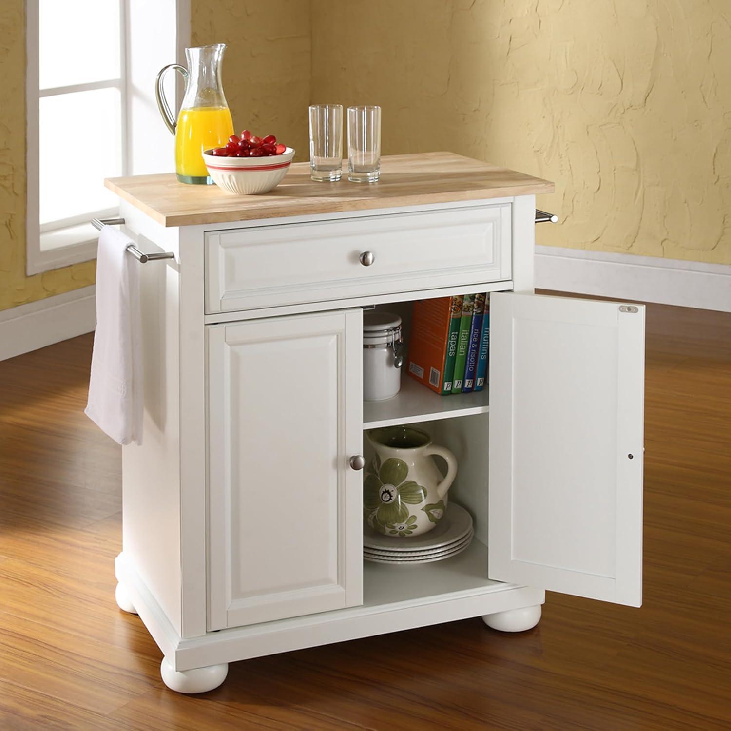 Alexandria Natural Wood Top Portable Kitchen Island - White - Crosley: Hardwood Frame, Adjustable Shelves, Locking Casters