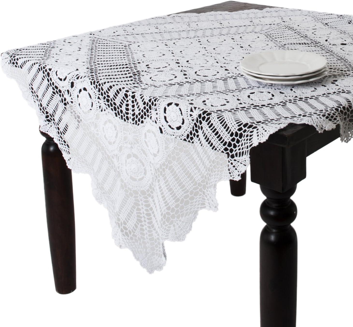 Handmade White Crochet Cotton Lace Tablecloth, 54-Inch Square