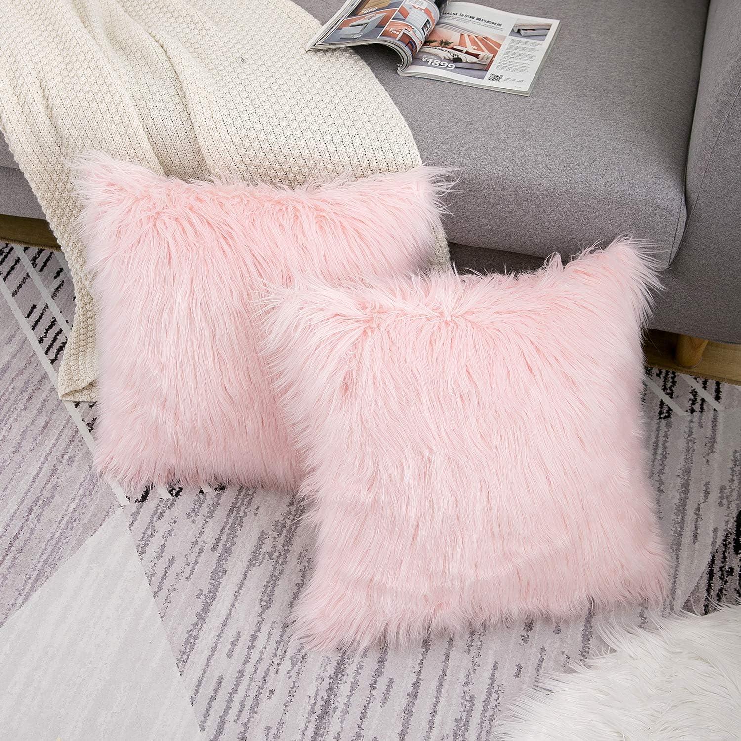 Set of 2 Fluffy Pillow Covers New Luxury Series Merino Style Blush Faux Fur Decorative Throw Pillow Covers Square Fuzzy Cushion Case 18x18 Inch