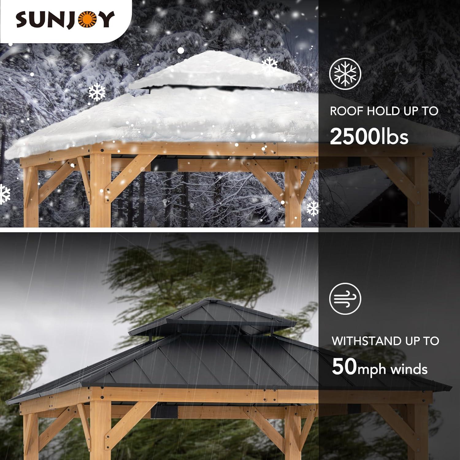 Sunjoy 11 ft. x 11 ft. Black 2-Tier Wooden Frame Hardtop Gazebo with Ceiling Hook