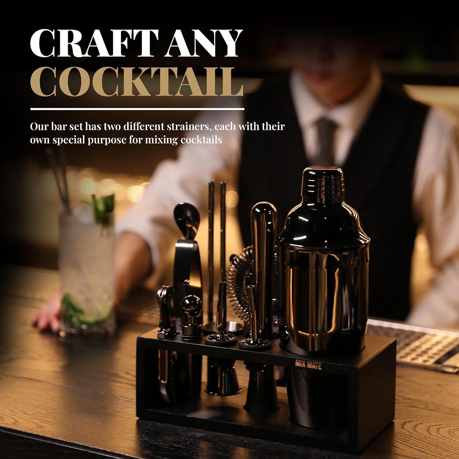 Black Stainless Steel 15-Piece Cocktail Shaker Set with Wood Stand