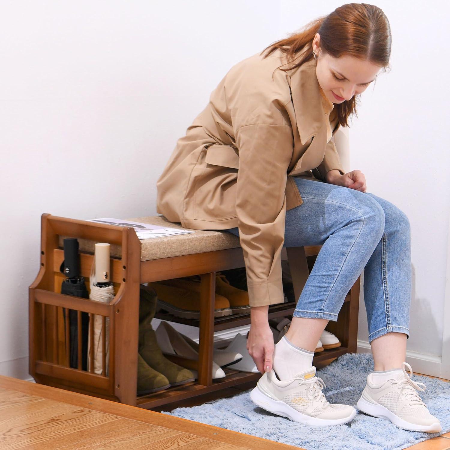 Bamboo 2-Tier Shoe Storage Bench with Hidden Drawer