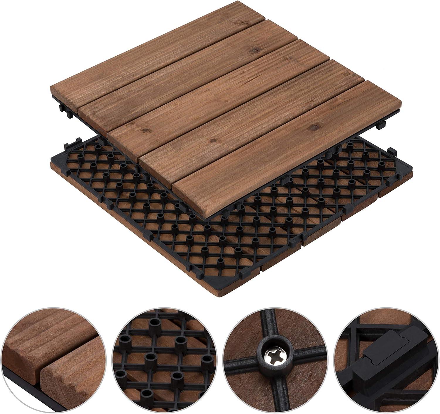 Yaheetech Pack of 27 Fir Wood Flooring Tiles Wood Plastic Interlocking Flooring Tiles Waterproof and Non-Slip, 12''x 12'', Brown