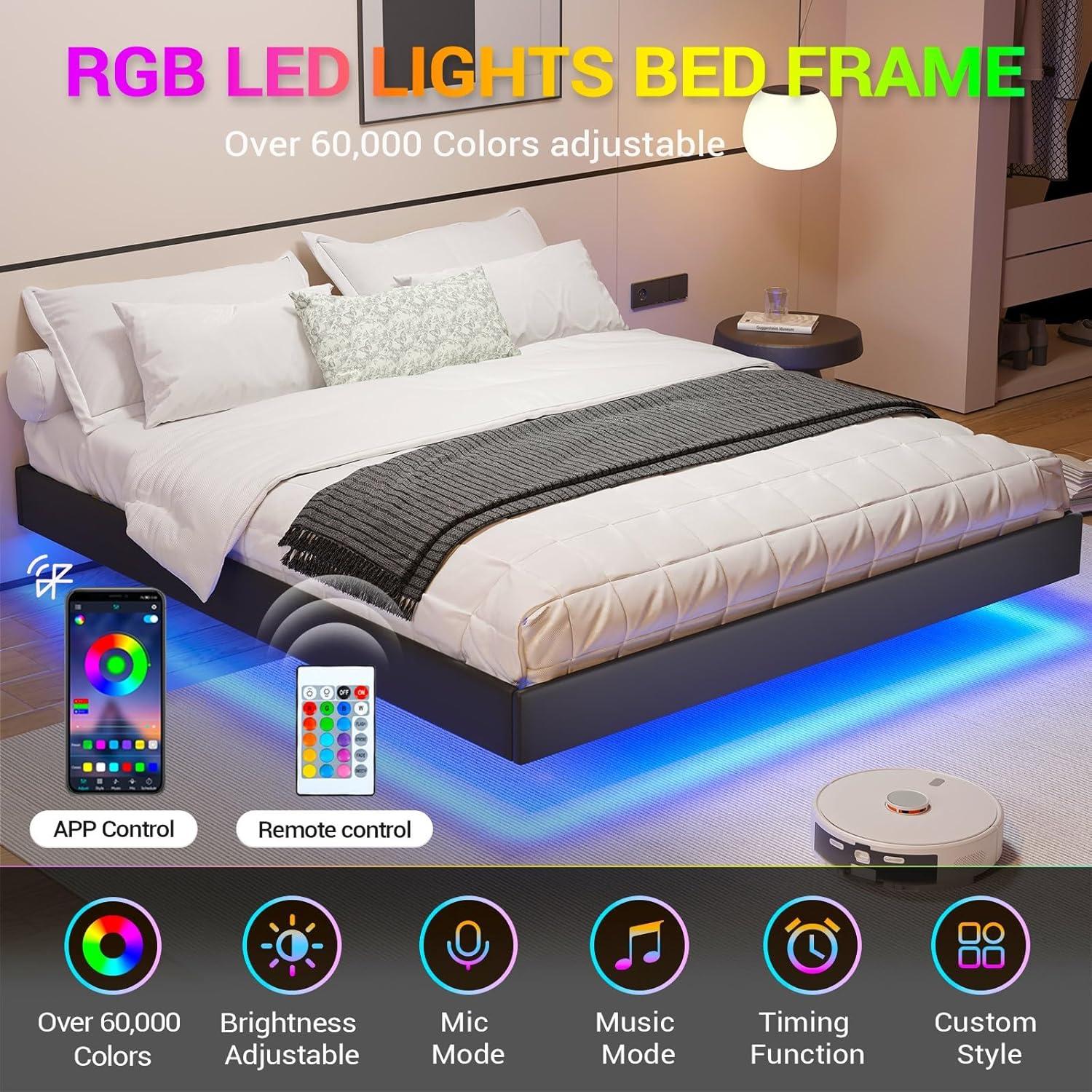 Alwyn Home Floating Bed Frame With Led Lights Metal Platform Bed, No Squeak