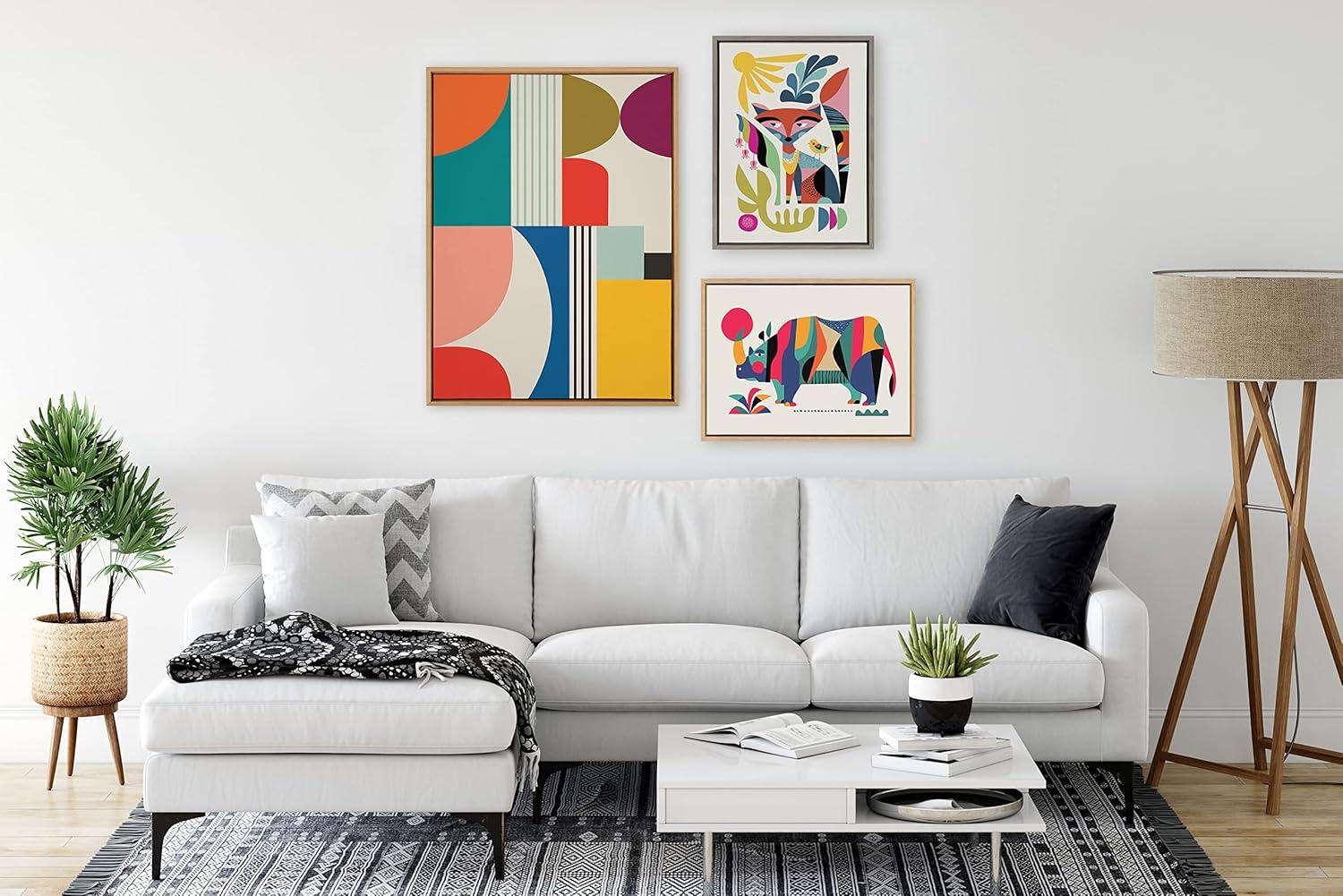 Kate and Laurel Sylvie Mid Century Modern Fox Framed Canvas Wall Art by Rachel Lee of My Dream Wall, 18x24 Gray, Colorful Abstract Animal Nursery Art for Wall