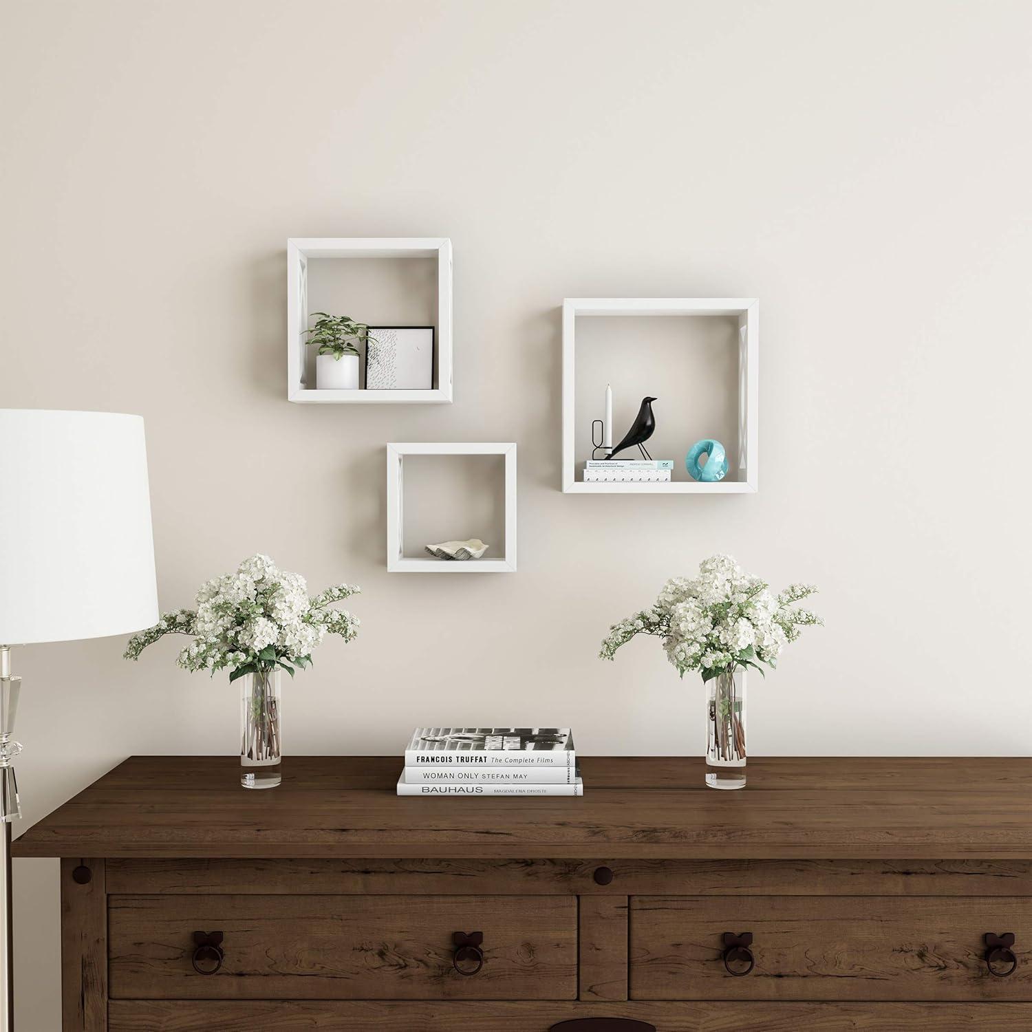 Floating Shelves - Open Cube Wall Shelf Set with Hidden Brackets, 3 Sizes to Display Décor, Photos, More- Hardware Included by Lavish Home (White)