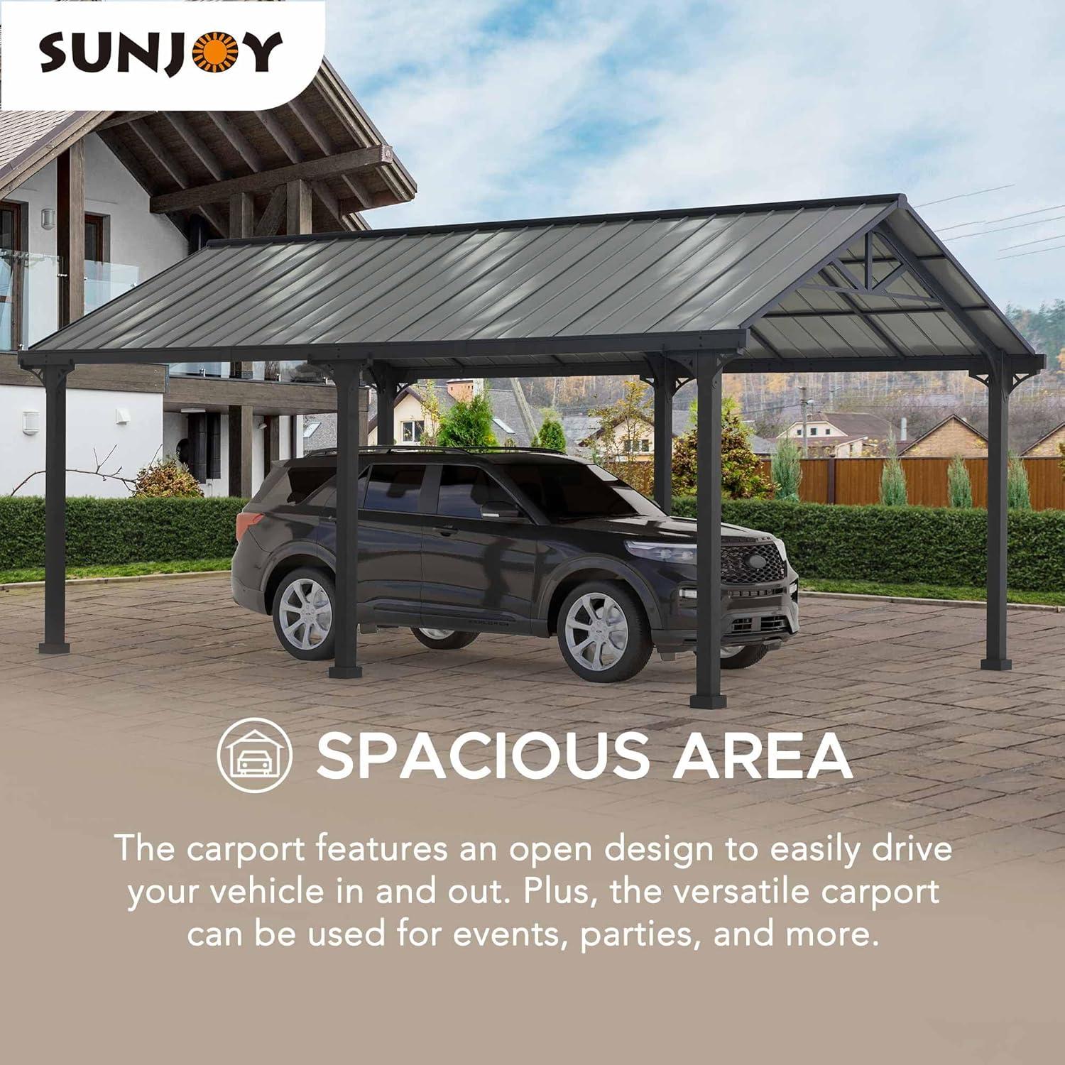 AutoCove 12x20 Metal Carport, Gray Steel Frame Gable Roof Gazebo, Outdoor Living Pavilion with 2 Ceiling Hooks