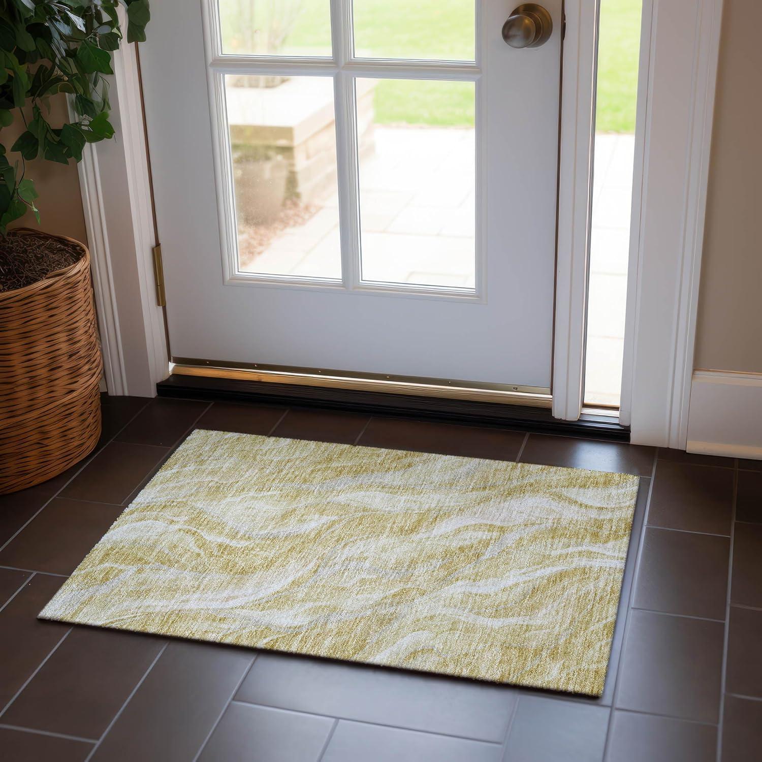 Gold and Beige Synthetic Flat Woven Indoor Outdoor Rug