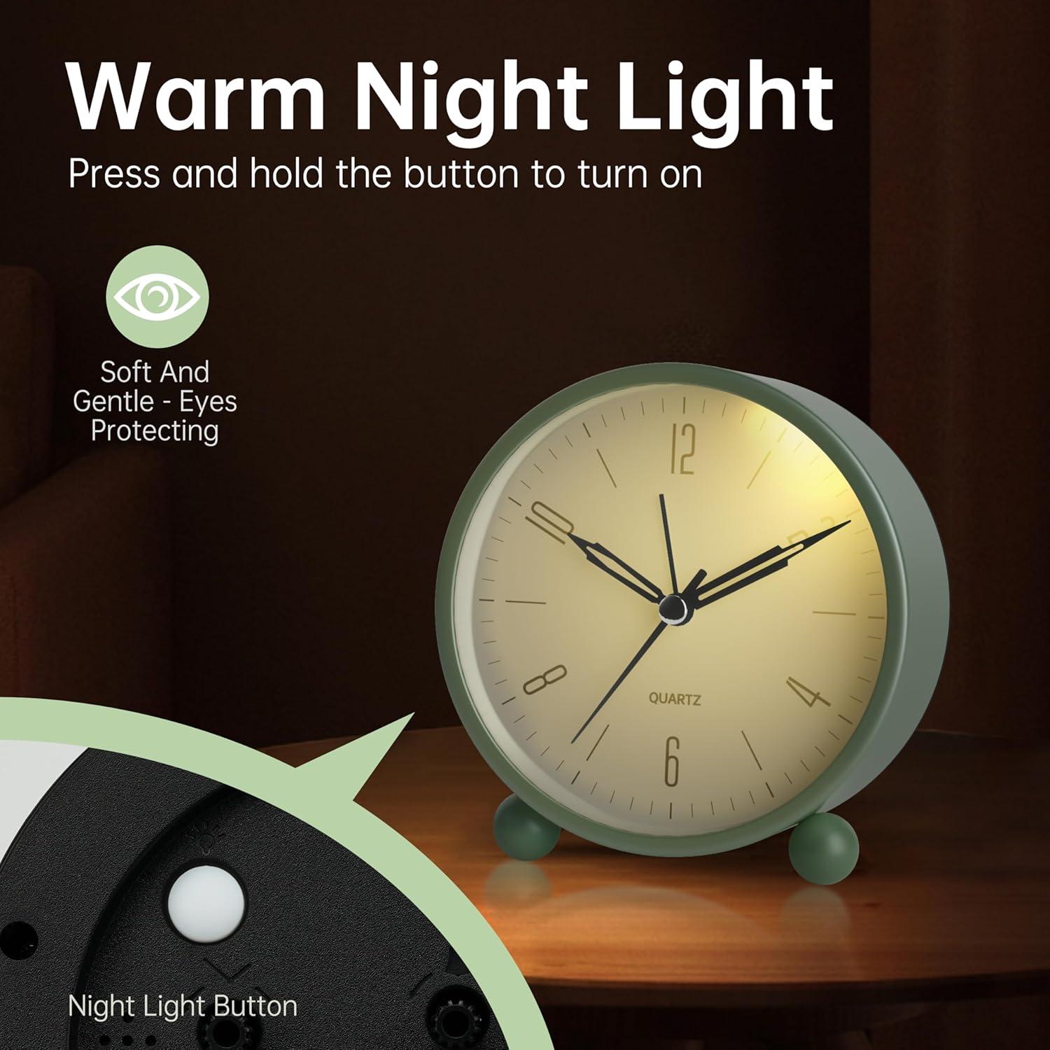 Green Minimalist Analog Alarm Clock with Night Light