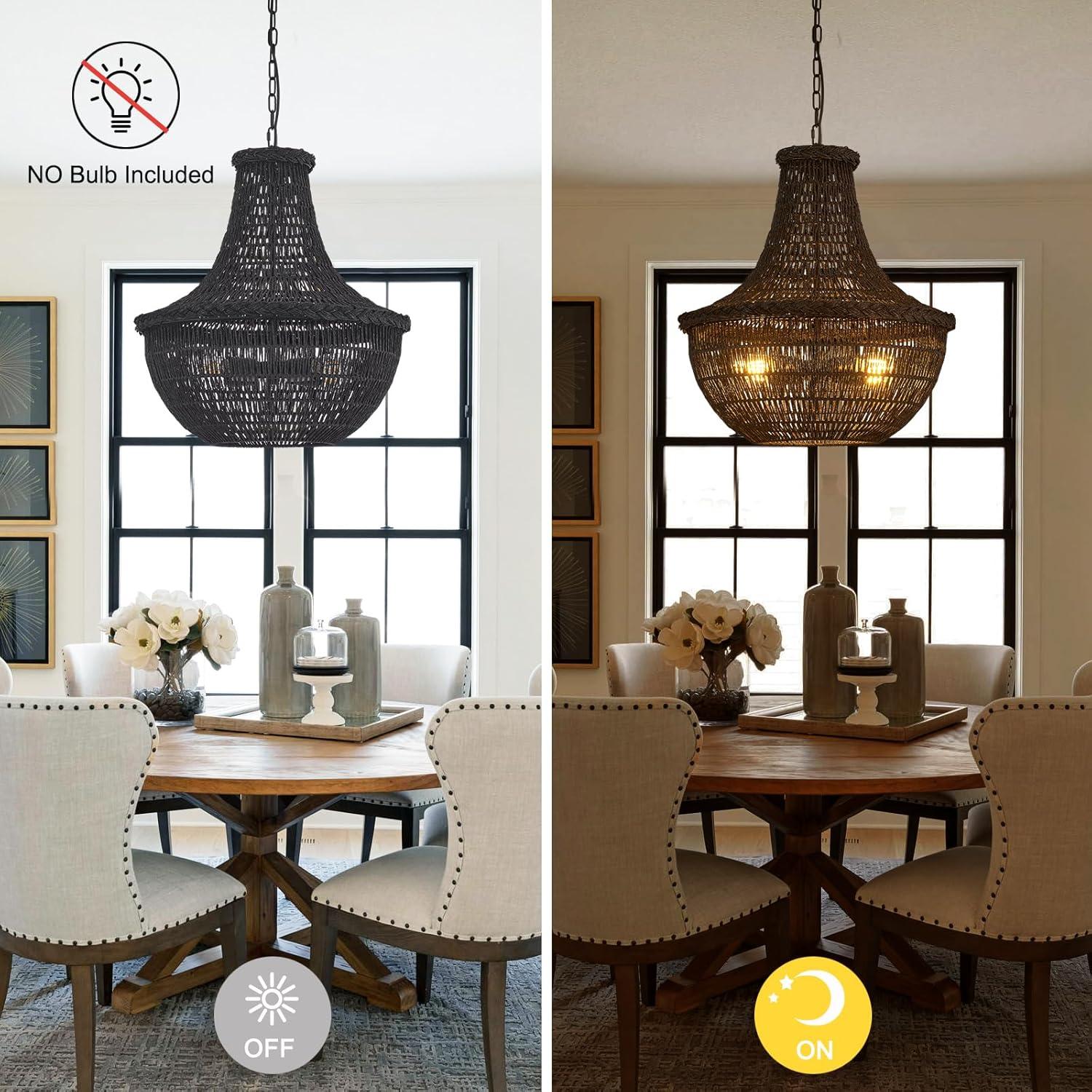 19.69" Boho Black Rattan Chandelier Vintage 4-Lights Farmhouse Hand-Woven Bamboo Basket Chandelier Light Fixture Rustic Wicker Rattan Chandeliers for Dining Room, Kitchen, Living Room