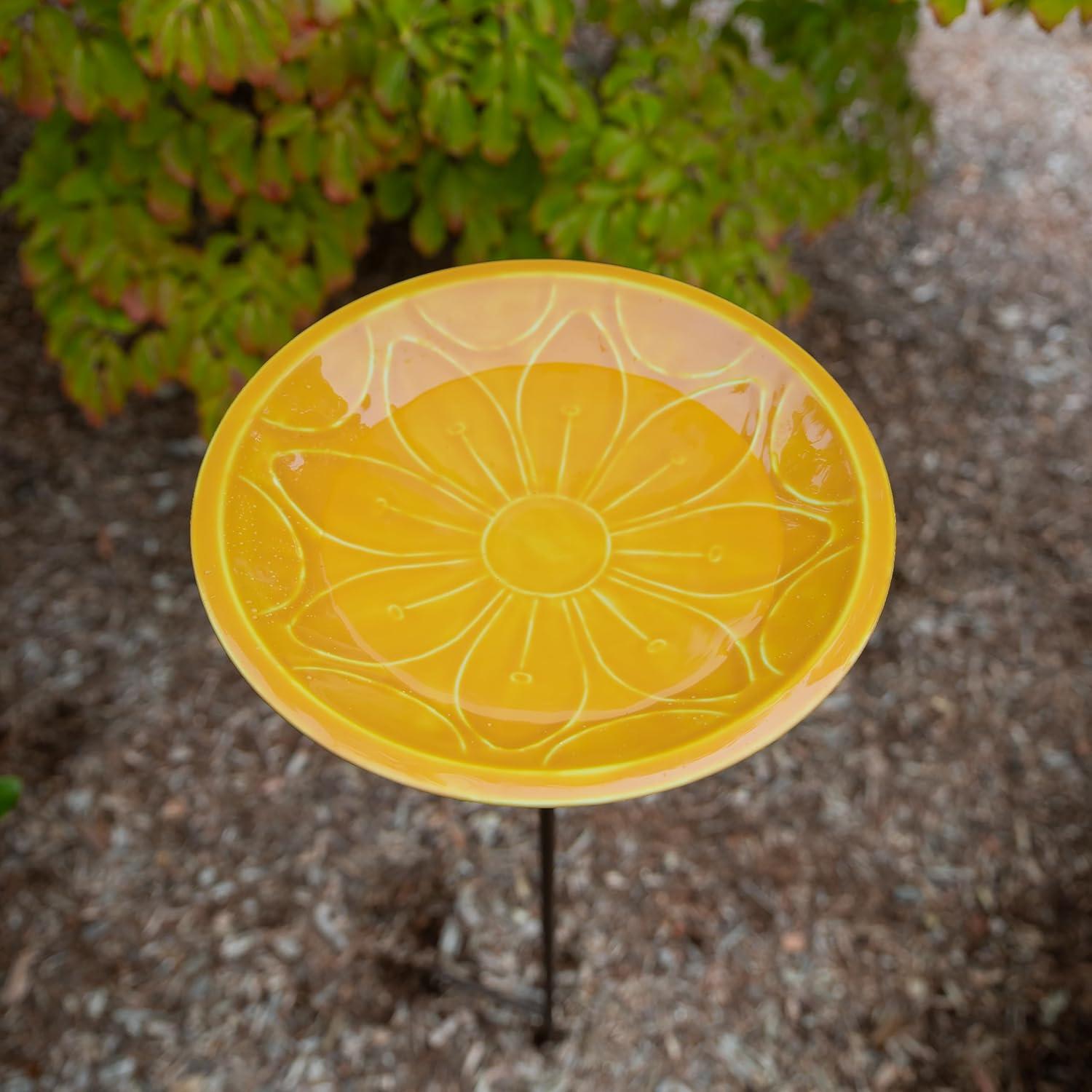 Sunflower Yellow Glass Birdbath with Iron Stake