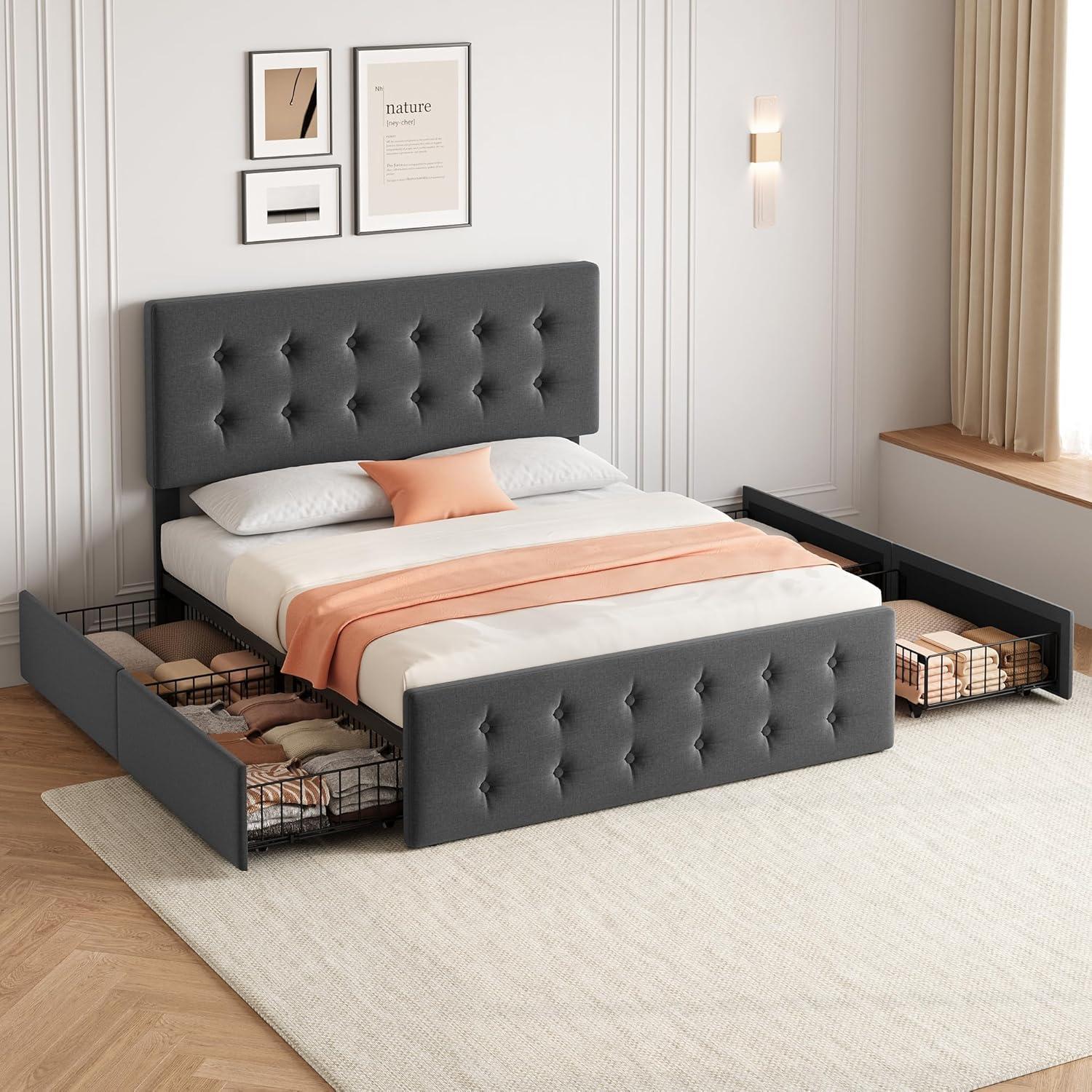GAOMON Queen Size Bed Frame with 4 Storage Drawers and Headboard, Linen Upholstered Platform Bed Frame with Wooden Slats Support, Button Tufted Design, No Box Spring Needed, Dark Grey