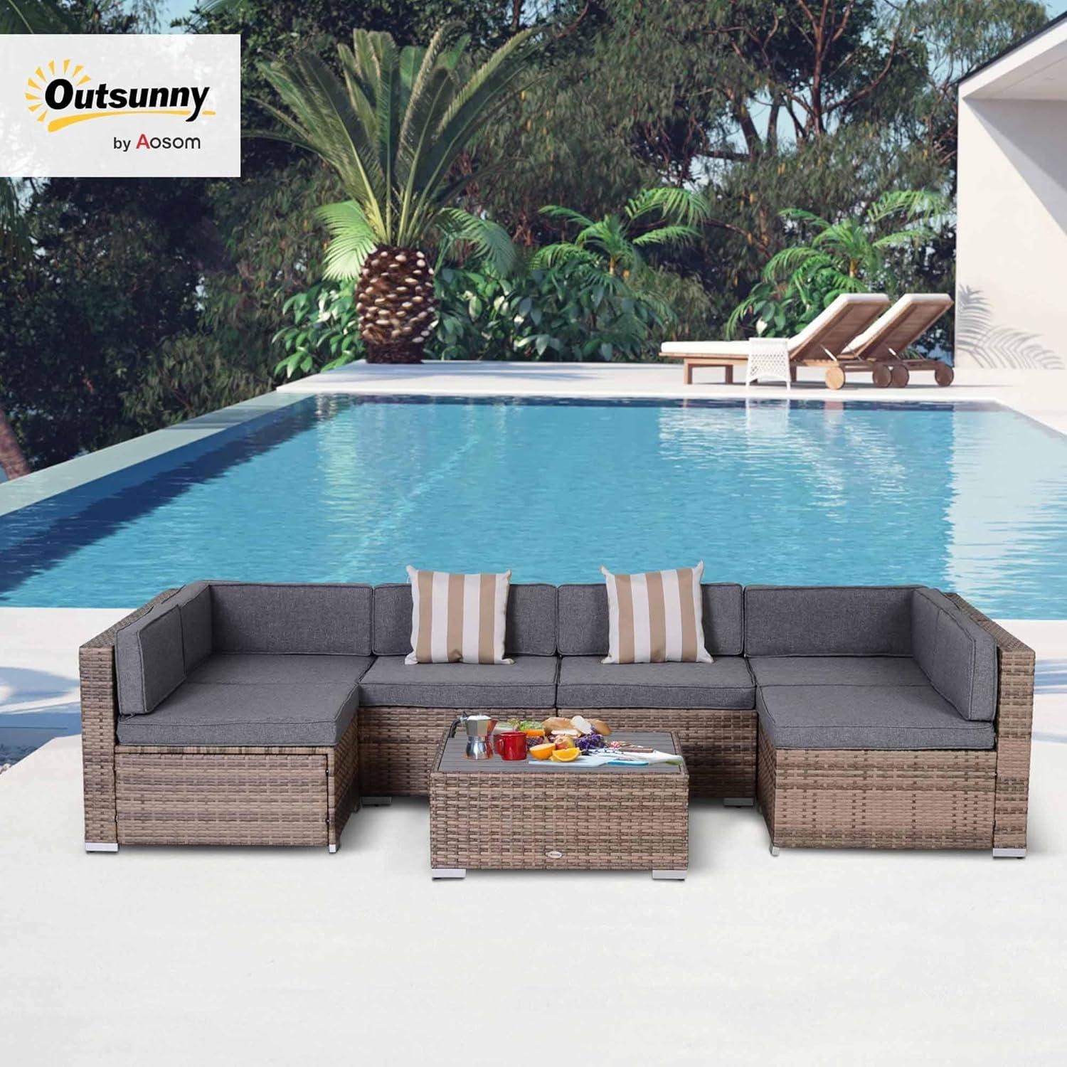 Outsunny 7-Piece Patio Furniture Set, Outdoor Wicker Conversation Set, All Weather PE Rattan Sectional Sofa w/ Faux Wood Table, Stripe Pillows, Gray