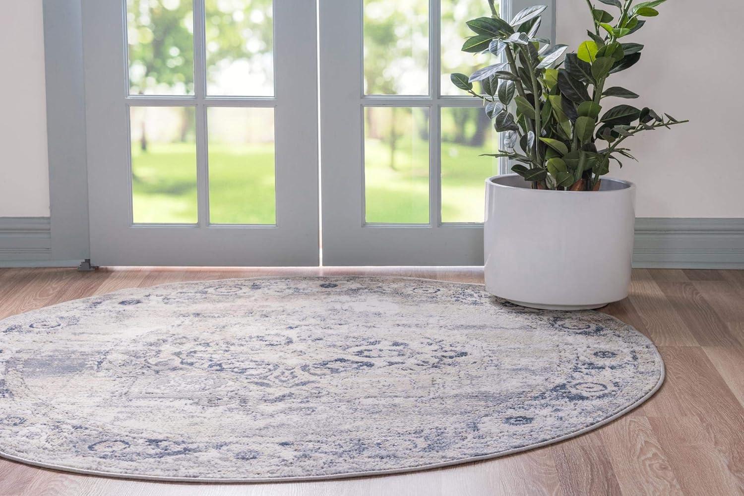 Rugs.com Oregon Collection Rug – 5 Ft Round Gray Low-Pile Rug Perfect For Kitchens, Dining Rooms