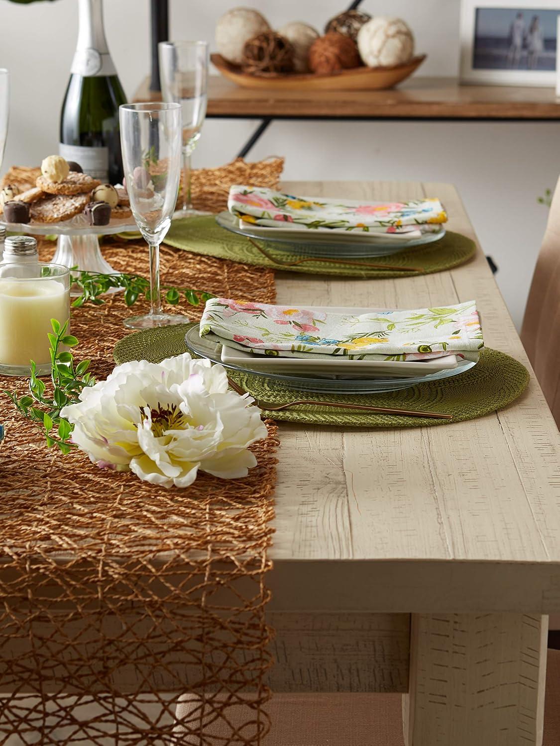 Contemporary Home Living Woven Round Floral Placemats - 15" - Hunter Green - Set of 6