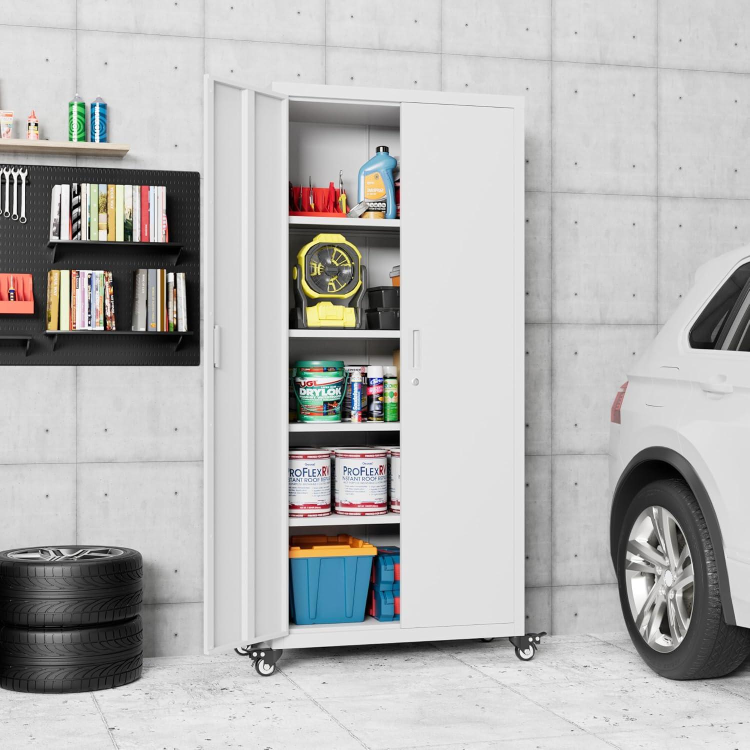 Aobabo Metal Storage Cabinet with Wheels & Pegboards,Office Storage Cabinet with Lock & Shelves,72'' H Steel Garage Cabinet for Office Home Storage,White Required-Assembly