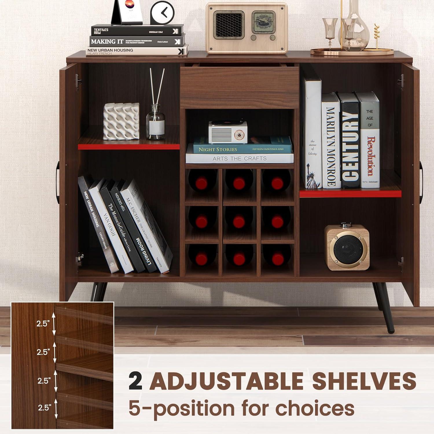Mid-century Modern Buffet Sideboard Server Cabinet with 9-Bottle Wine Rack
