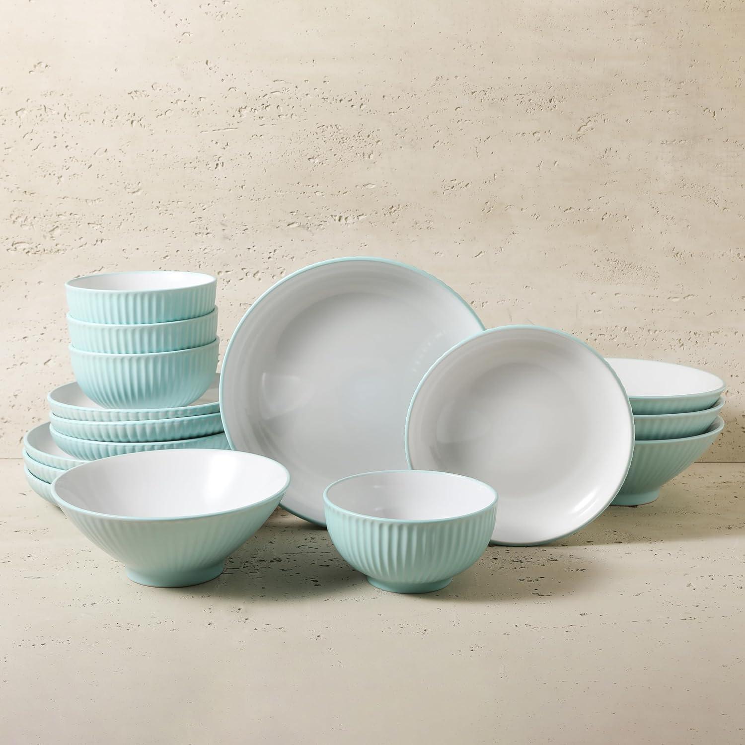 Teal Ceramic Ridged 16-Piece Dinnerware Set for 4