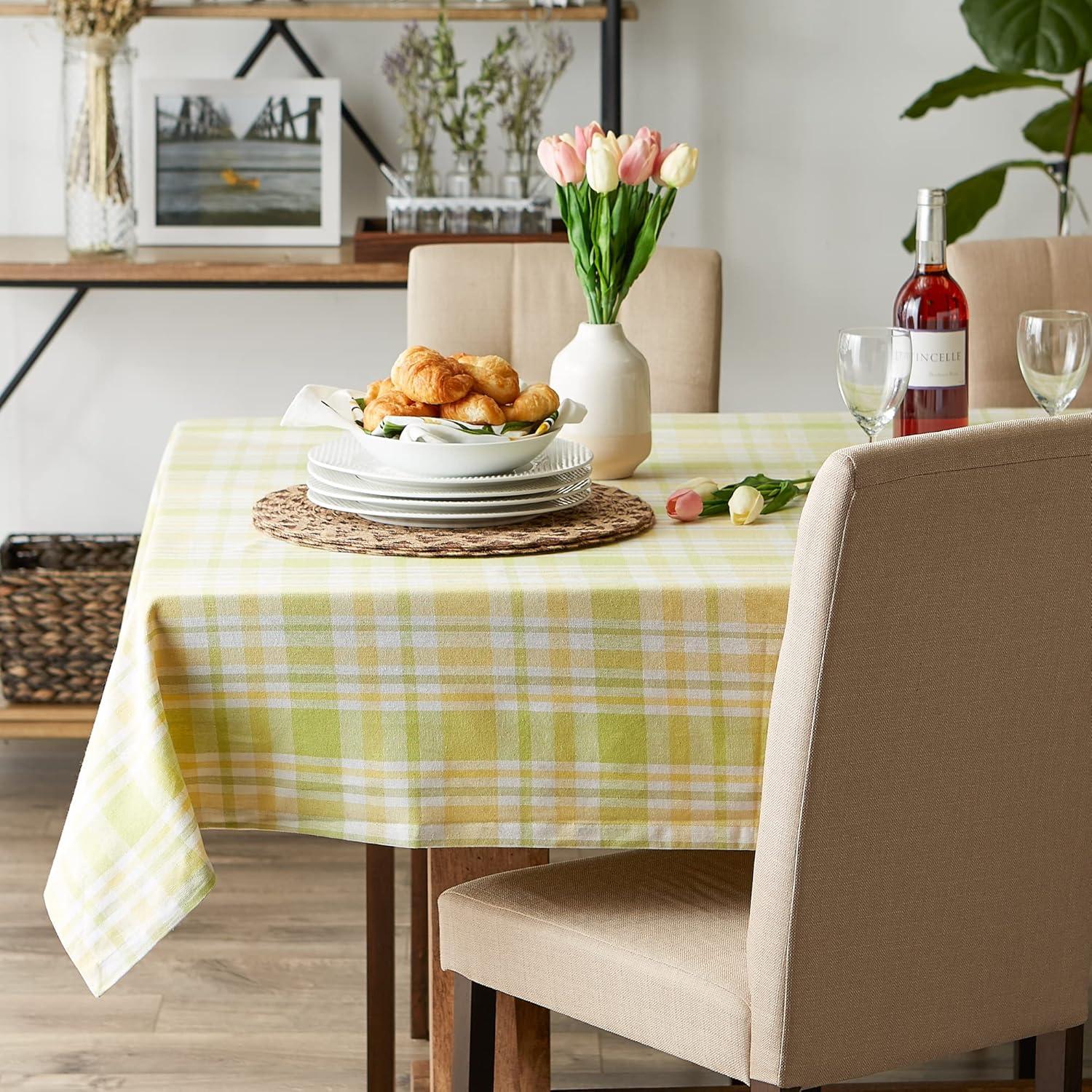 Lemon Bliss Plaid Cotton Round Tablecloth 70"