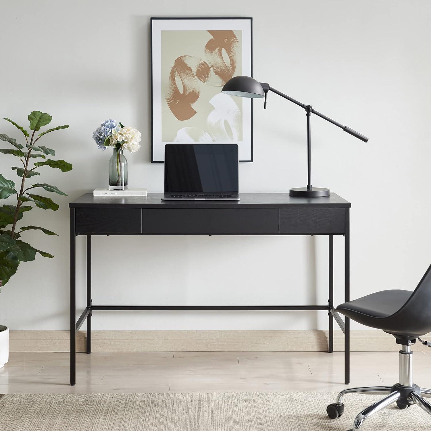 Evans 47'' Mid-Century Black Steel Base Writing Desk with Drawers