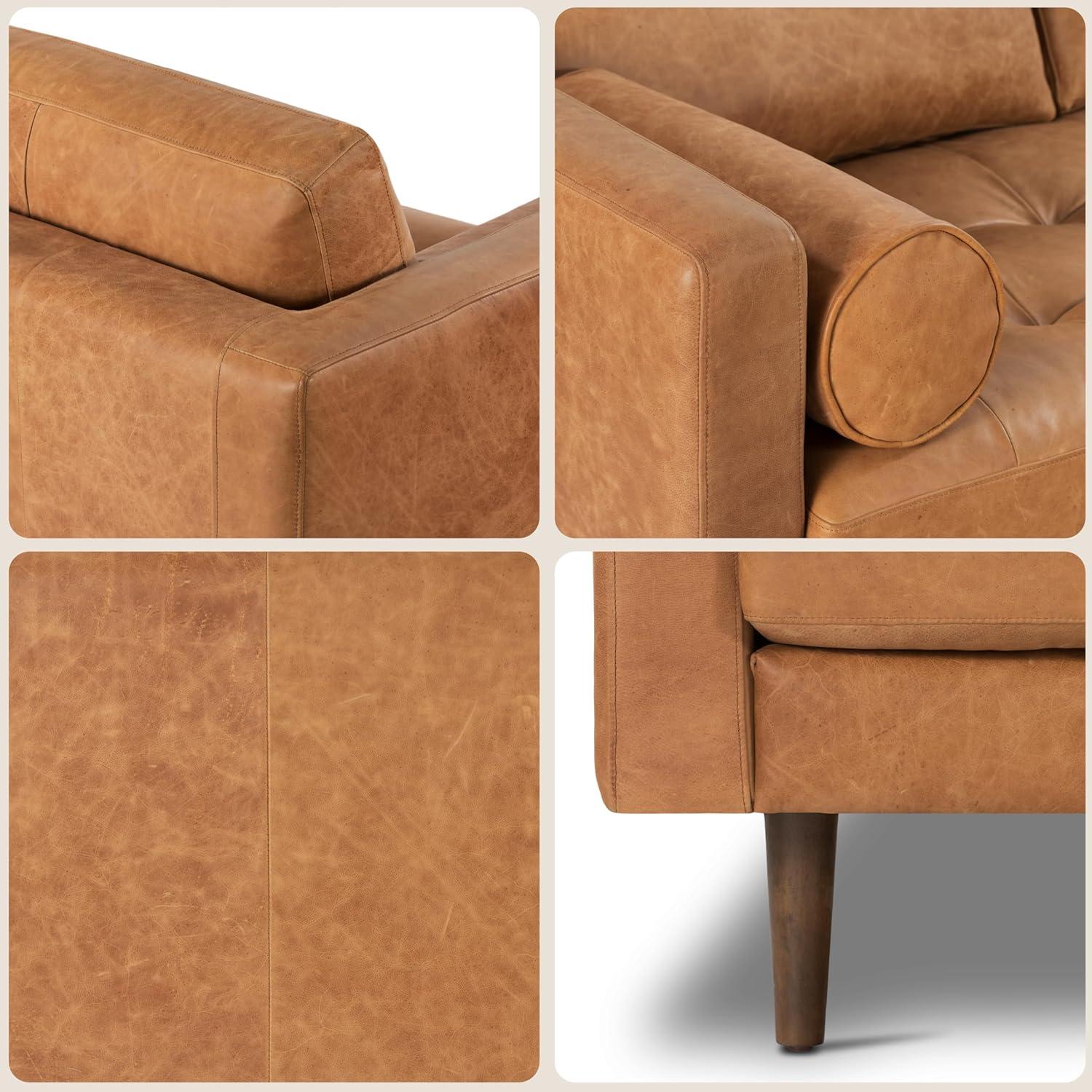 Cognac Tan Tufted Leather Lawson Sofa with Wood Legs