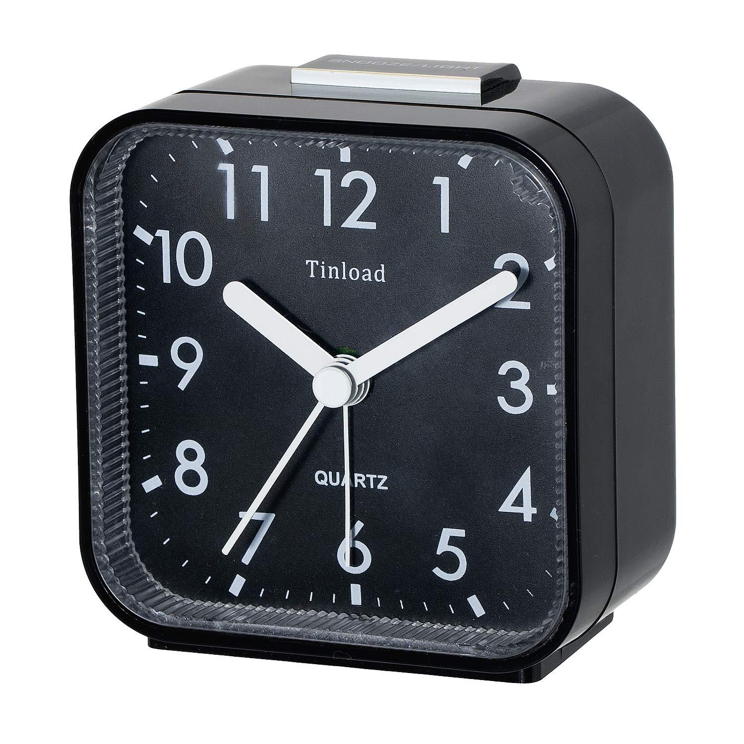 Small Battery Operated Analog Alarm Clock Silent Non Ticking, Ascending Beep Sounds, Snooze,Light Functions, Easy Set(Black)
