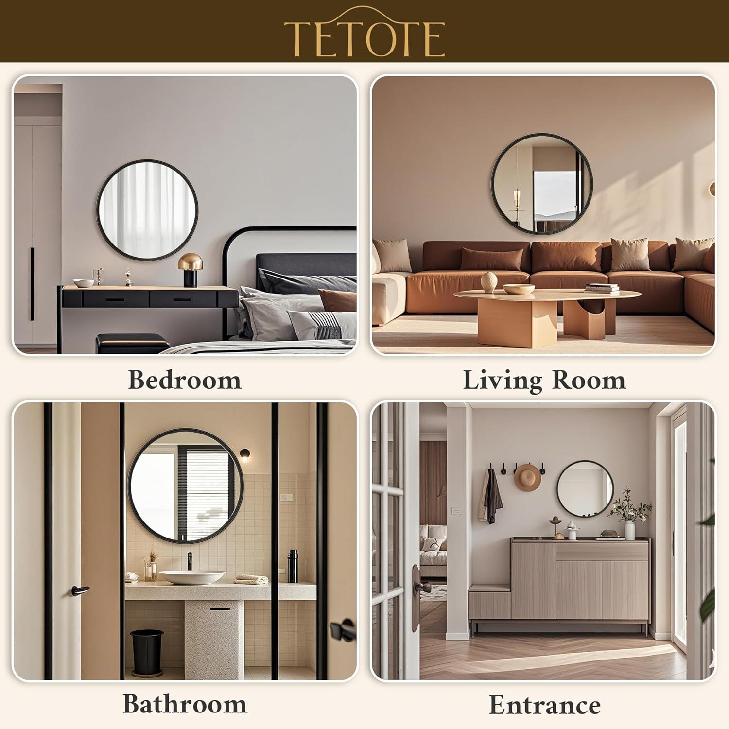 Tetote Black Round Mirror for Bathroom, 24 inch Modern Circle Mirrors, Wall Mounted Matte Metal Frame Entryway Decorative Farmhouse Vanity Mirror