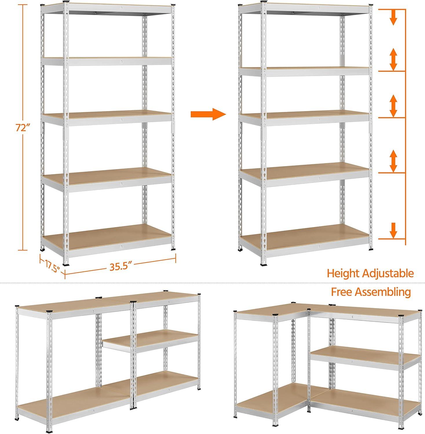 Topeakmart 5 Tiers Adjustable Metal Storage Shelving Heavy Duty Boltless Display Stand, Silver