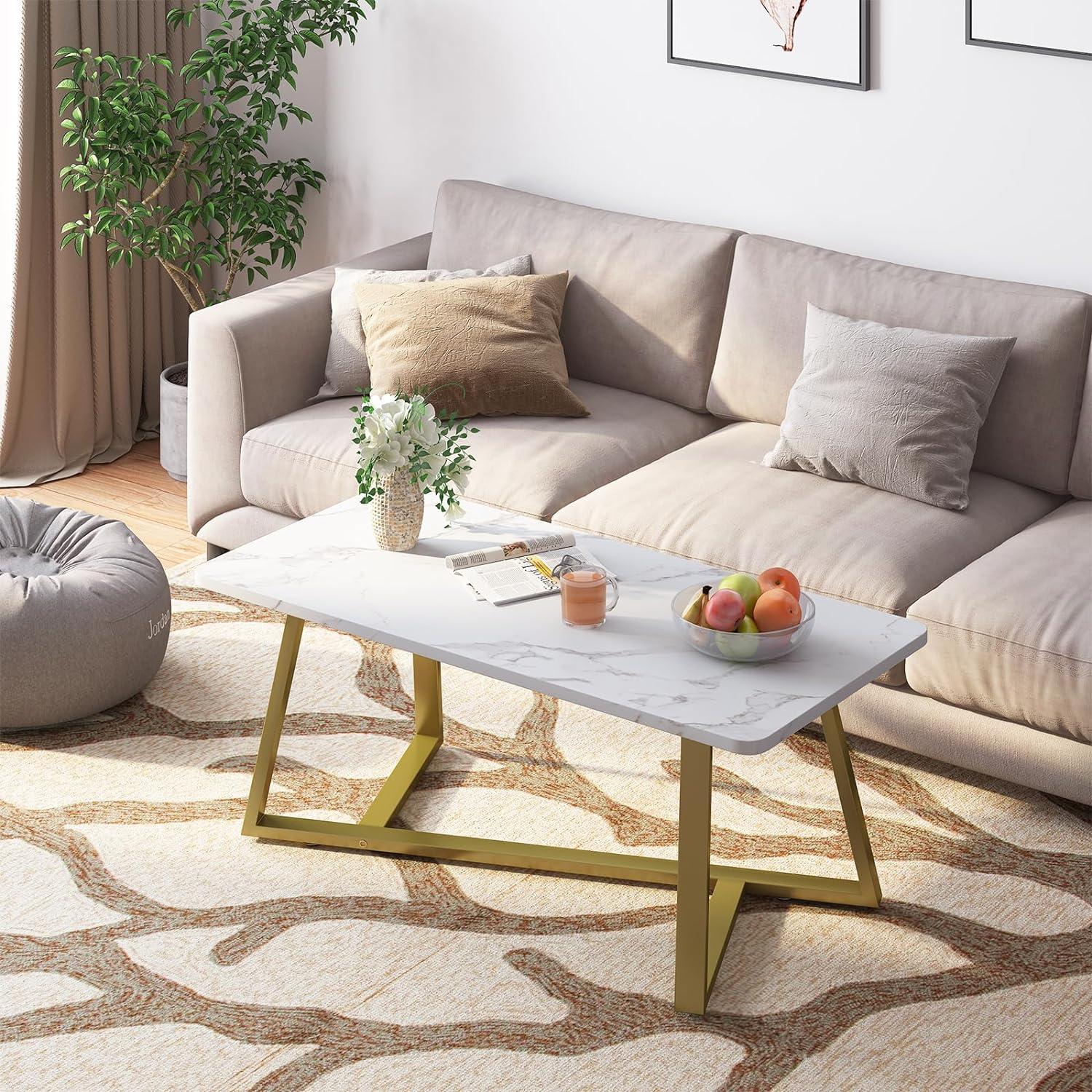 White Faux Marble Rectangular Coffee Table with Gold Metal Legs