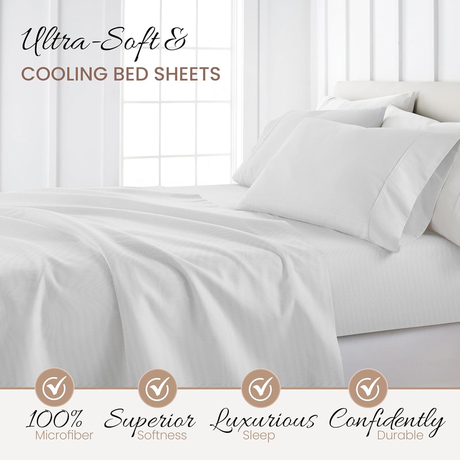 Linen Market Double-Brushed Patterned Microfiber Full Sheet Set 4 Piece – Oeko-TEX Certified Ultra Soft & Wrinkle-Free - 16" Deep Pocket Sheets - Easy Care Full Size - Pinstriped Light Gray