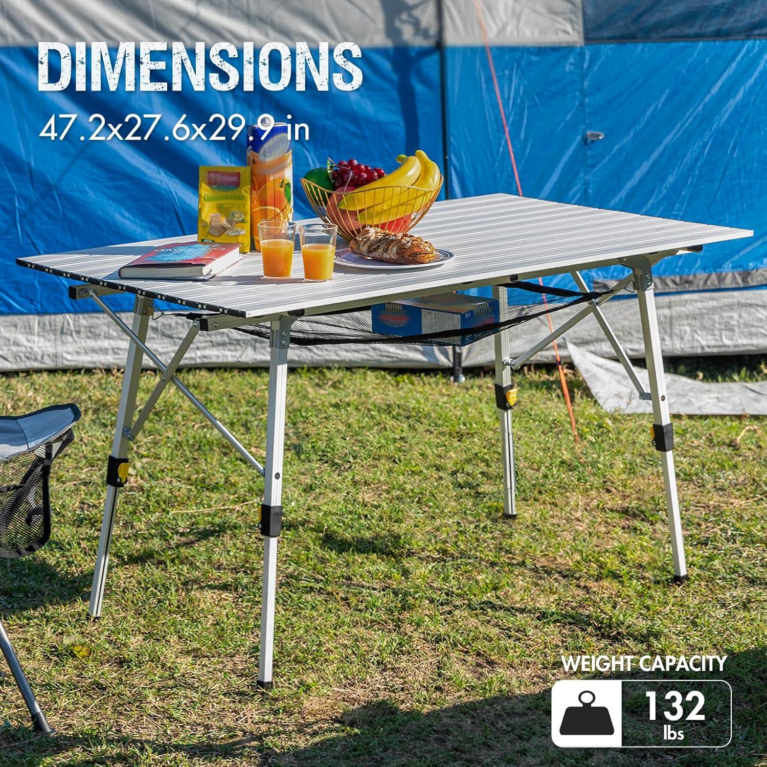PORTAL Outdoor Folding Portable Picnic Camping Table with Adjustable Height Aluminum Roll Up Table Top Mesh Layer, Silver