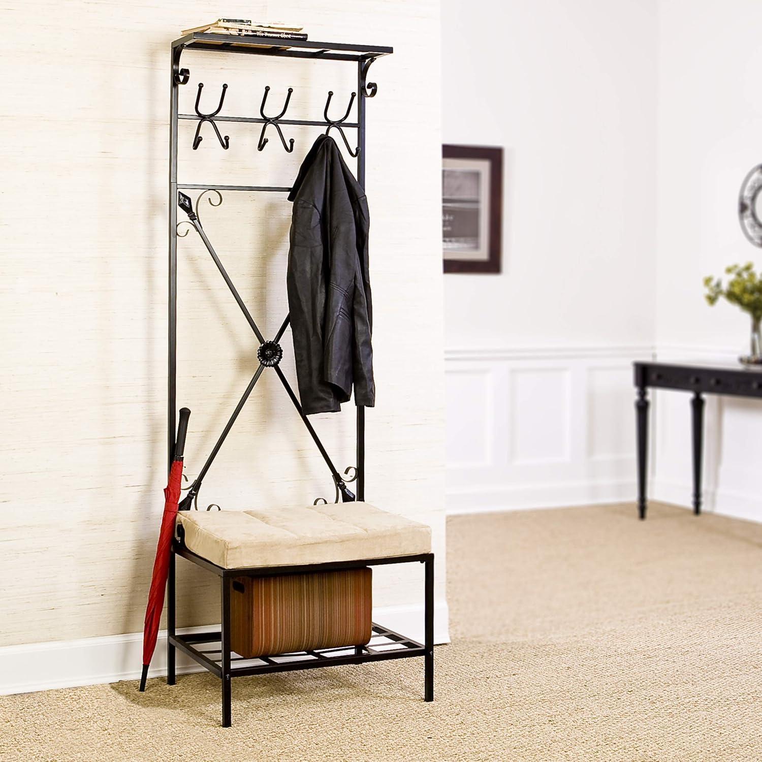 Textured Black Metal Entryway Storage Rack-Bench with Microfiber Seat