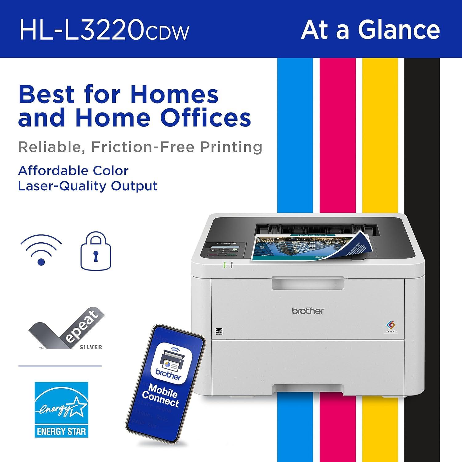 Brother HL-L3220CDW Wireless Compact Digital Color Printer with Laser Quality Output, Duplex and Mobile Device Printing